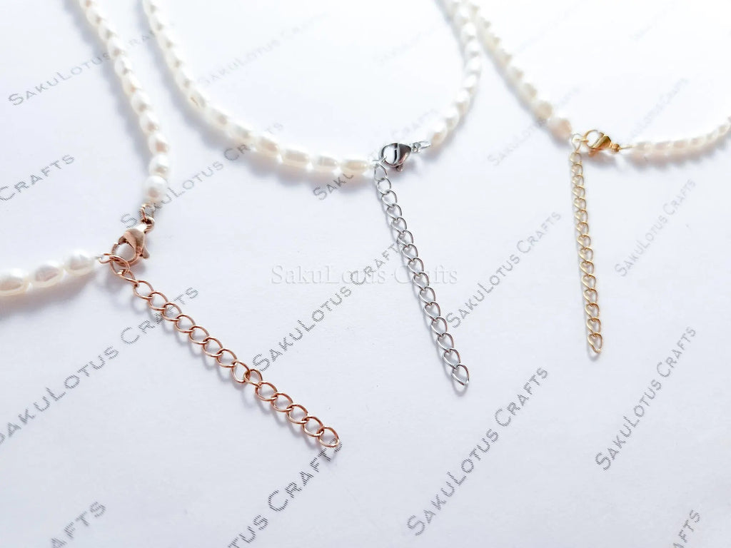 Natural Genuine Freshwater 3mm White Rice Pearl Necklace Bracelet Stainless Steel 18k Gold Rose Gold Lobster Clasp Extender