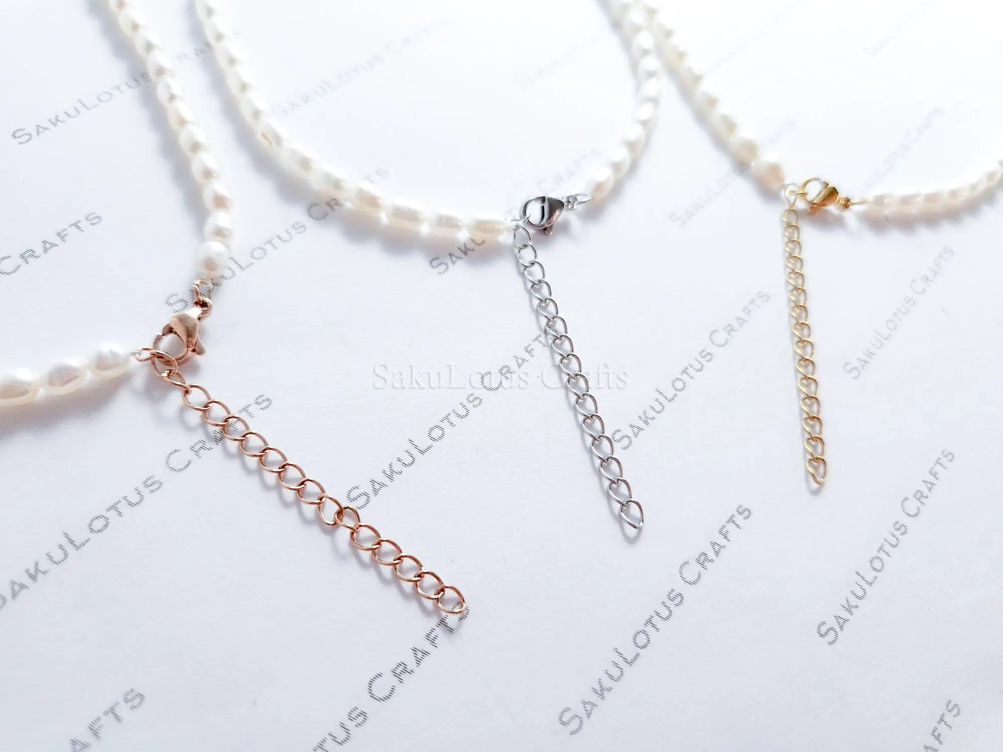Natural Genuine Freshwater 3mm White Rice Pearl Necklace Bracelet Stainless Steel 18k Gold Rose Gold Lobster Clasp Extender