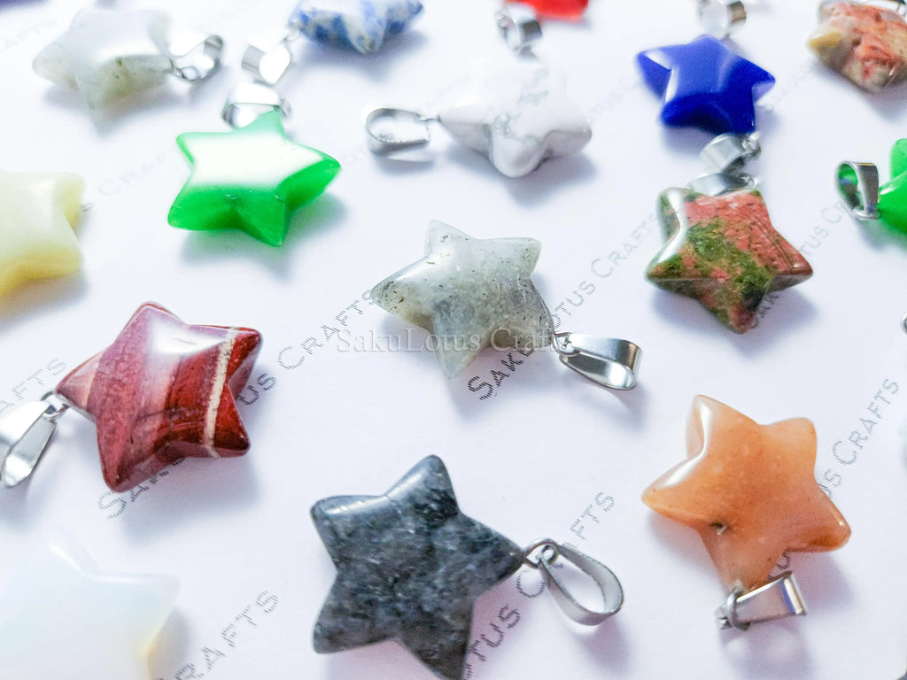 RESTOCK Natural Stone Crystal Star Pendant • 20mm Gemstone Charm • Silver Gold Rose Gold Stainless Steel • Jewelry Making Supplies