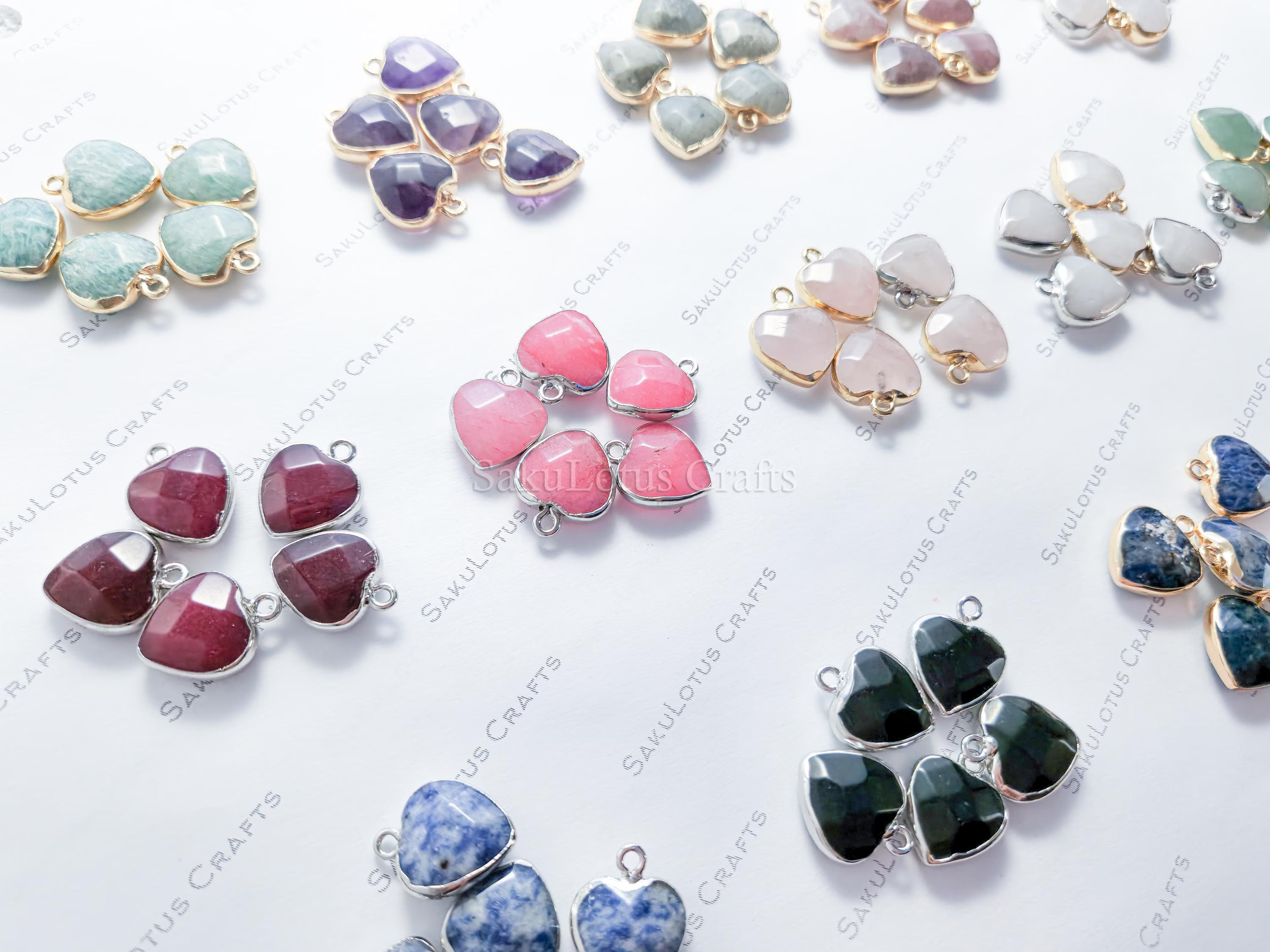 RESTOCK Small Natural Crystal Heart Pendant • Gold Silver Edge • Semi-Precious Gemstone Charm • Jewelry Making Supplies