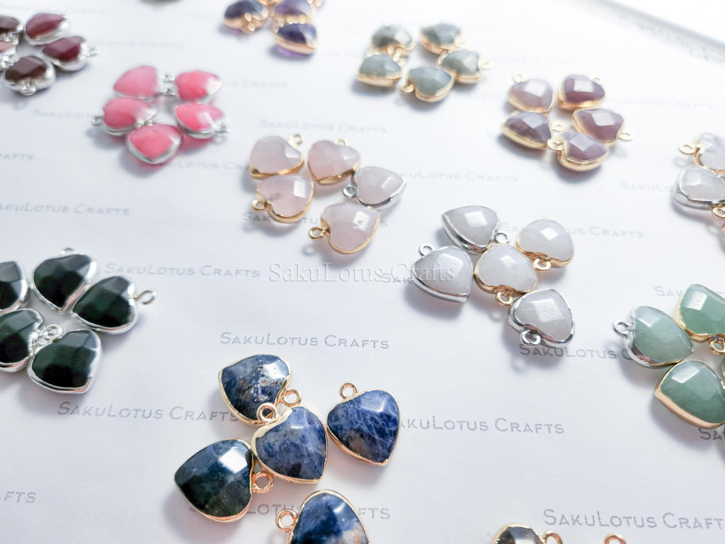 RESTOCK Small Natural Crystal Heart Pendant • Gold Silver Edge • Semi-Precious Gemstone Charm • Jewelry Making Supplies