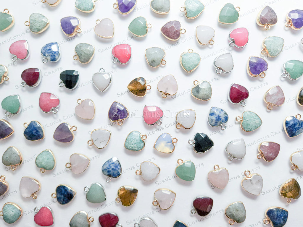 RESTOCK Small Natural Crystal Heart Pendant • Gold Silver Edge • Semi-Precious Gemstone Charm • Jewelry Making Supplies