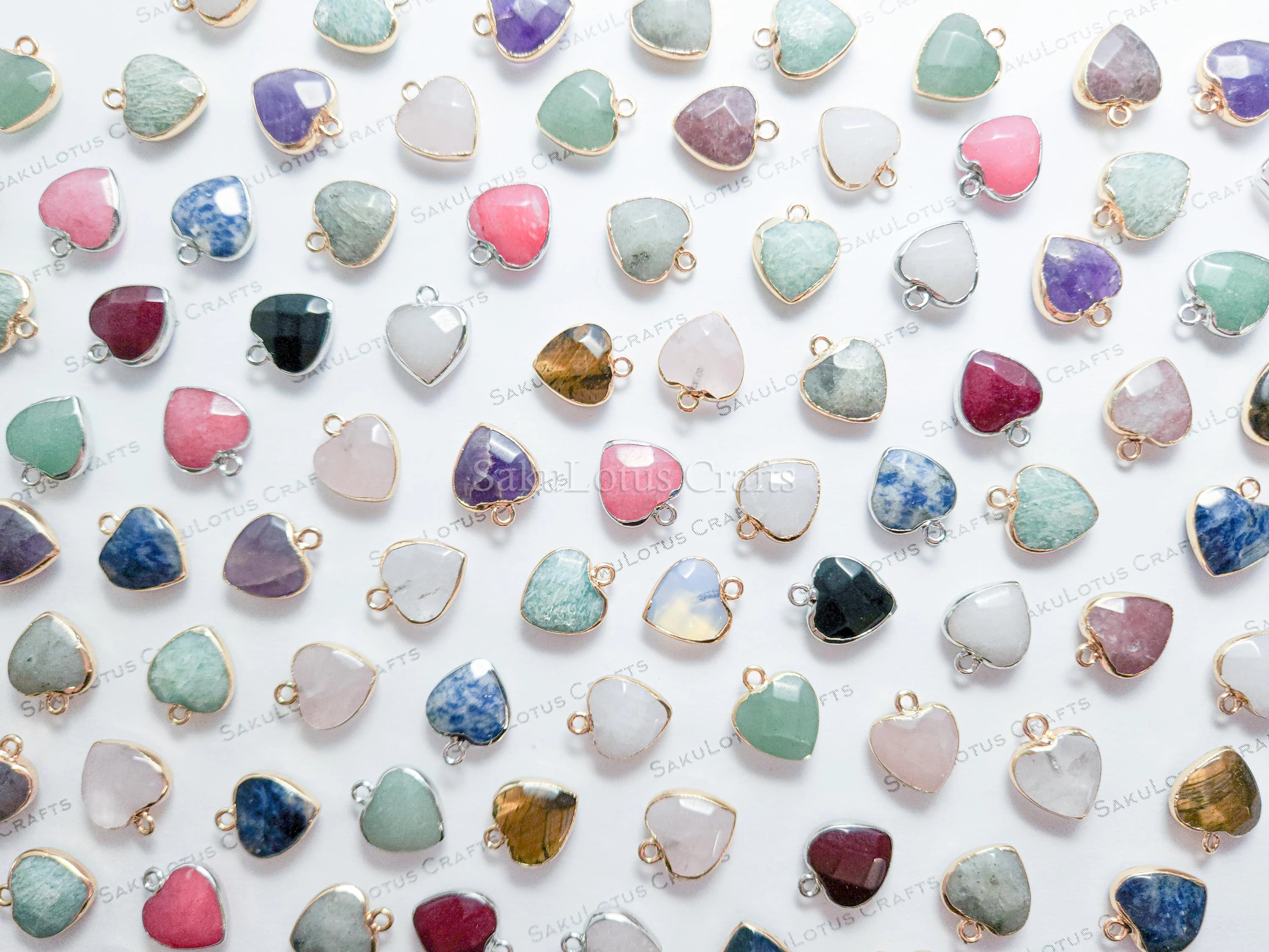 RESTOCK Small Natural Crystal Heart Pendant • Gold Silver Edge • Semi-Precious Gemstone Charm • Jewelry Making Supplies