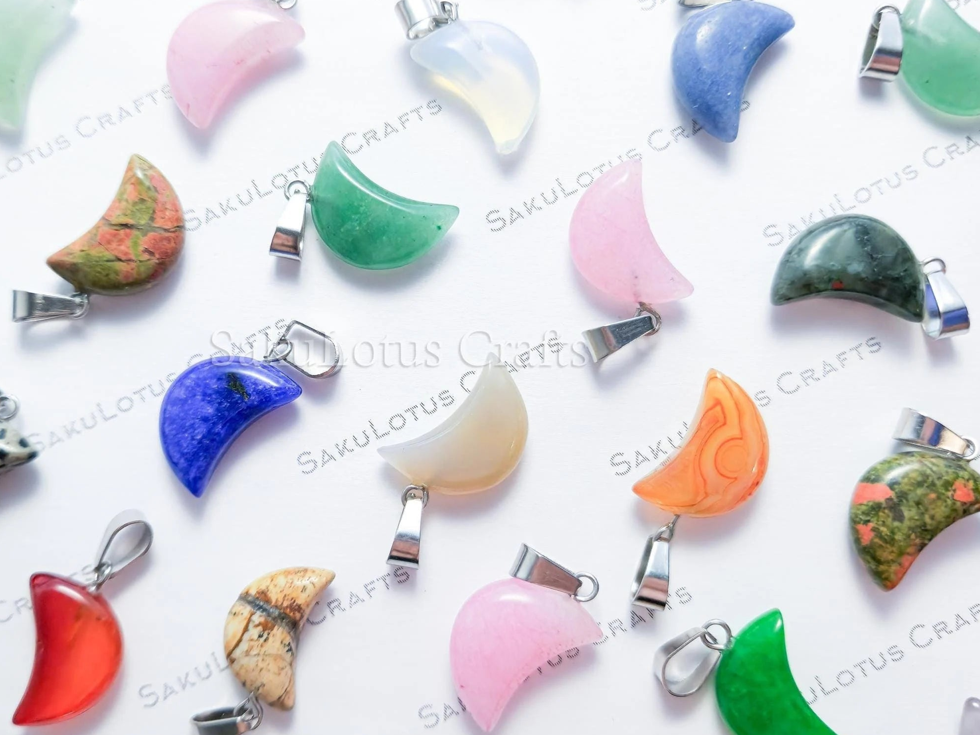RESTOCK Natural Crystal Moon Crescent Pendant • Silver Gold Rose Stainless Steel • Gemstone Charm • Jewelry Making Supplies DIY