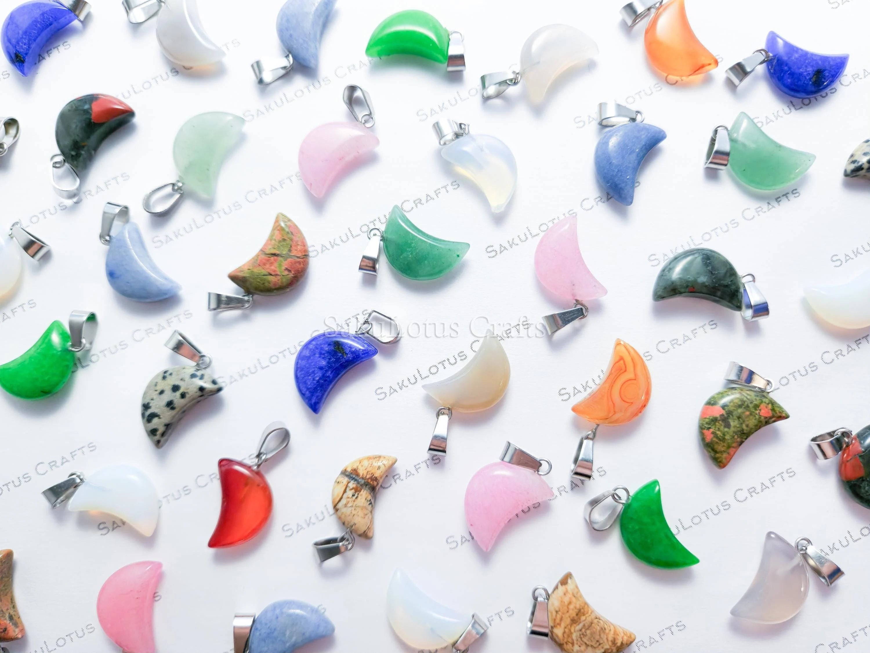 RESTOCK Natural Crystal Moon Crescent Pendant • Silver Gold Rose Stainless Steel • Gemstone Charm • Jewelry Making Supplies DIY