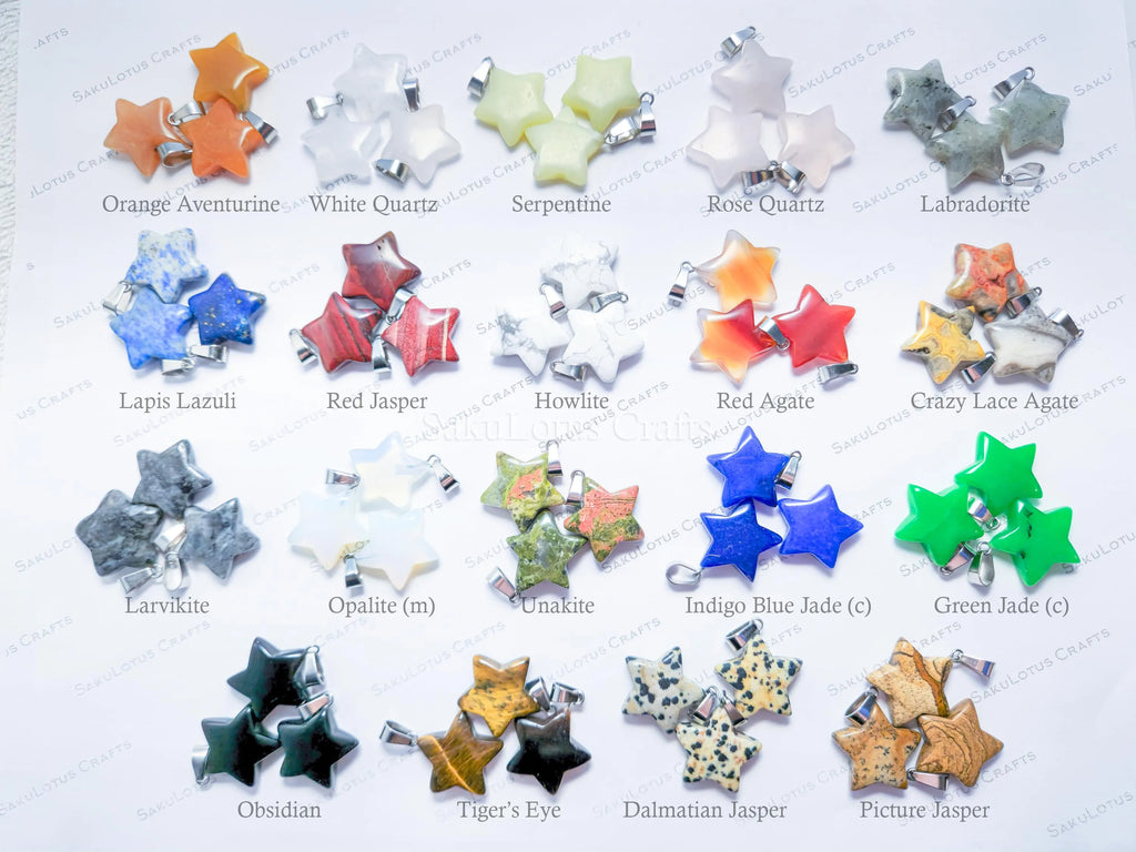 RESTOCK Natural Stone Crystal Star Pendant • 20mm Gemstone Charm • Silver Gold Rose Gold Stainless Steel • Jewelry Making Supplies