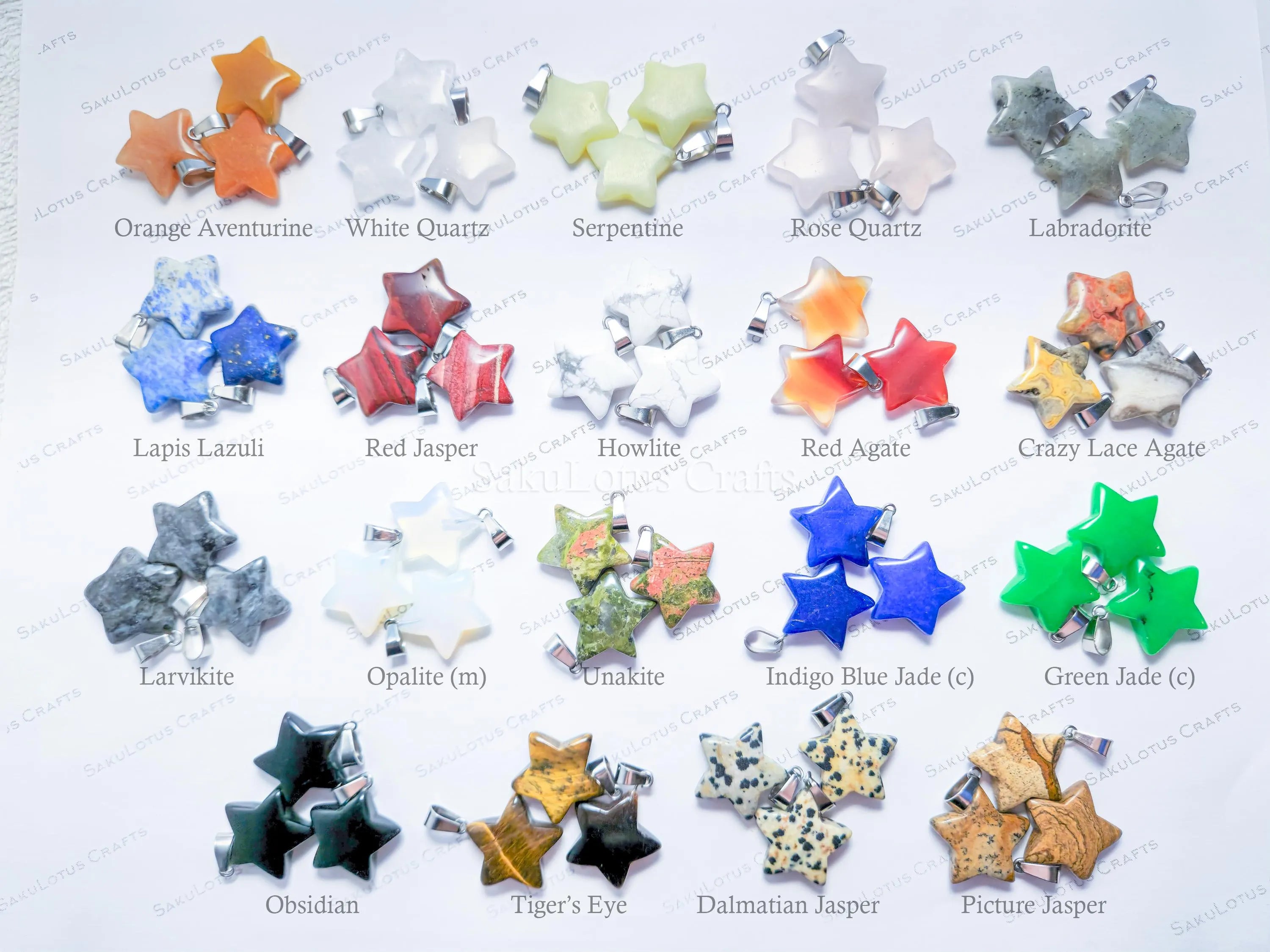 RESTOCK Natural Stone Crystal Star Pendant • 20mm Gemstone Charm • Silver Gold Rose Gold Stainless Steel • Jewelry Making Supplies