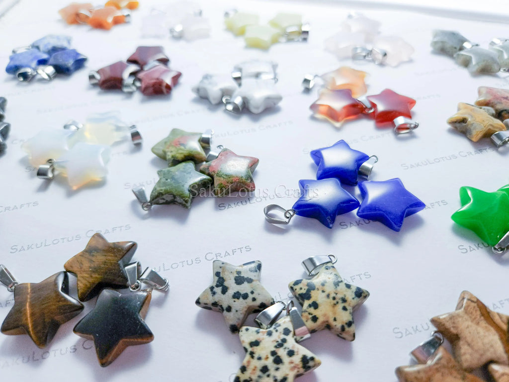 RESTOCK Natural Stone Crystal Star Pendant • 20mm Gemstone Charm • Silver Gold Rose Gold Stainless Steel • Jewelry Making Supplies