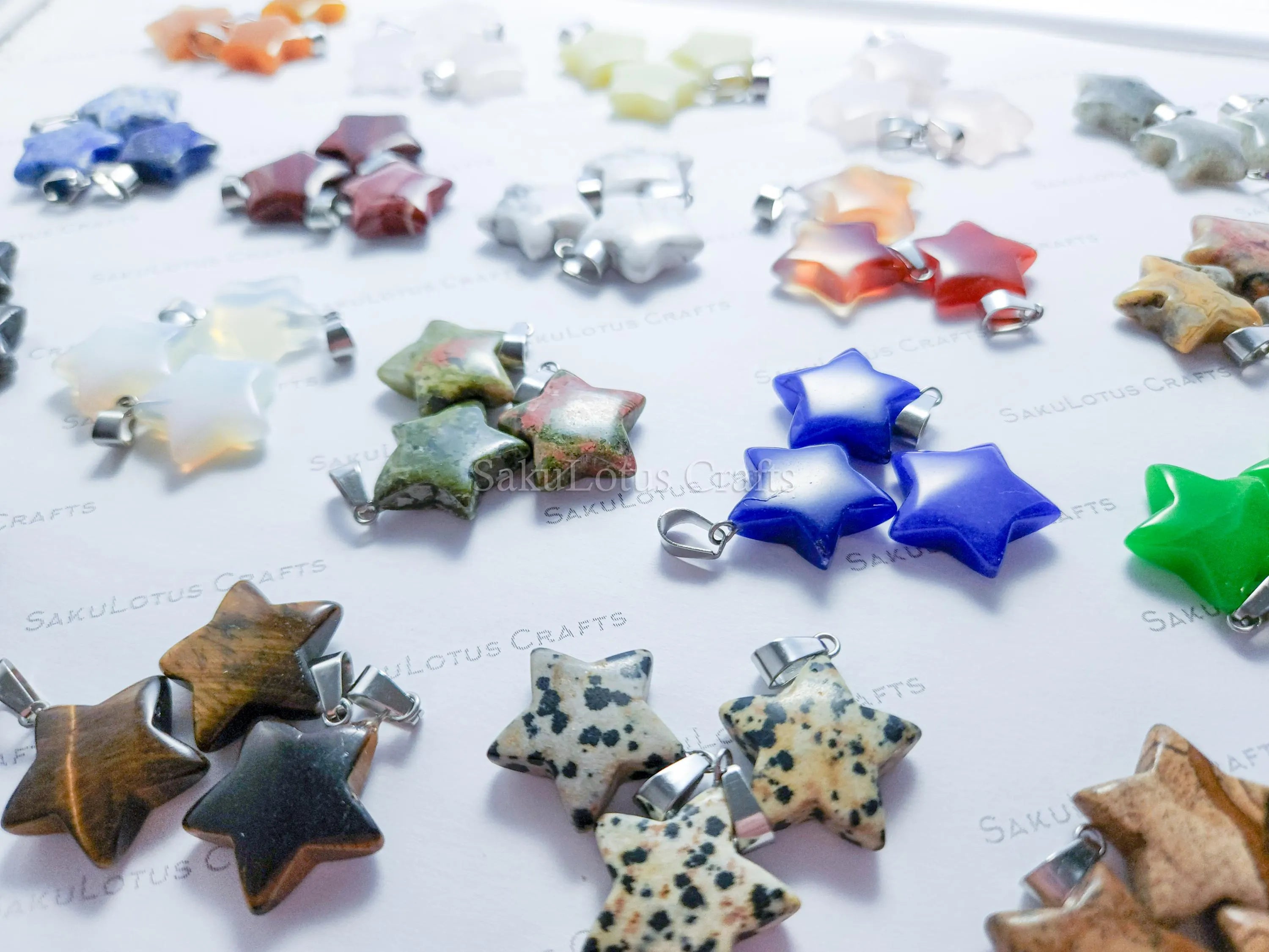 RESTOCK Natural Stone Crystal Star Pendant • 20mm Gemstone Charm • Silver Gold Rose Gold Stainless Steel • Jewelry Making Supplies