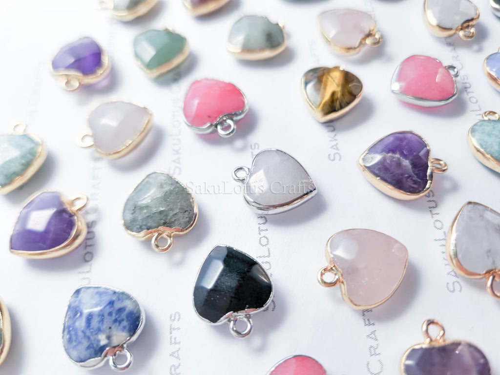 RESTOCK Small Natural Crystal Heart Pendant • Gold Silver Edge • Semi-Precious Gemstone Charm • Jewelry Making Supplies