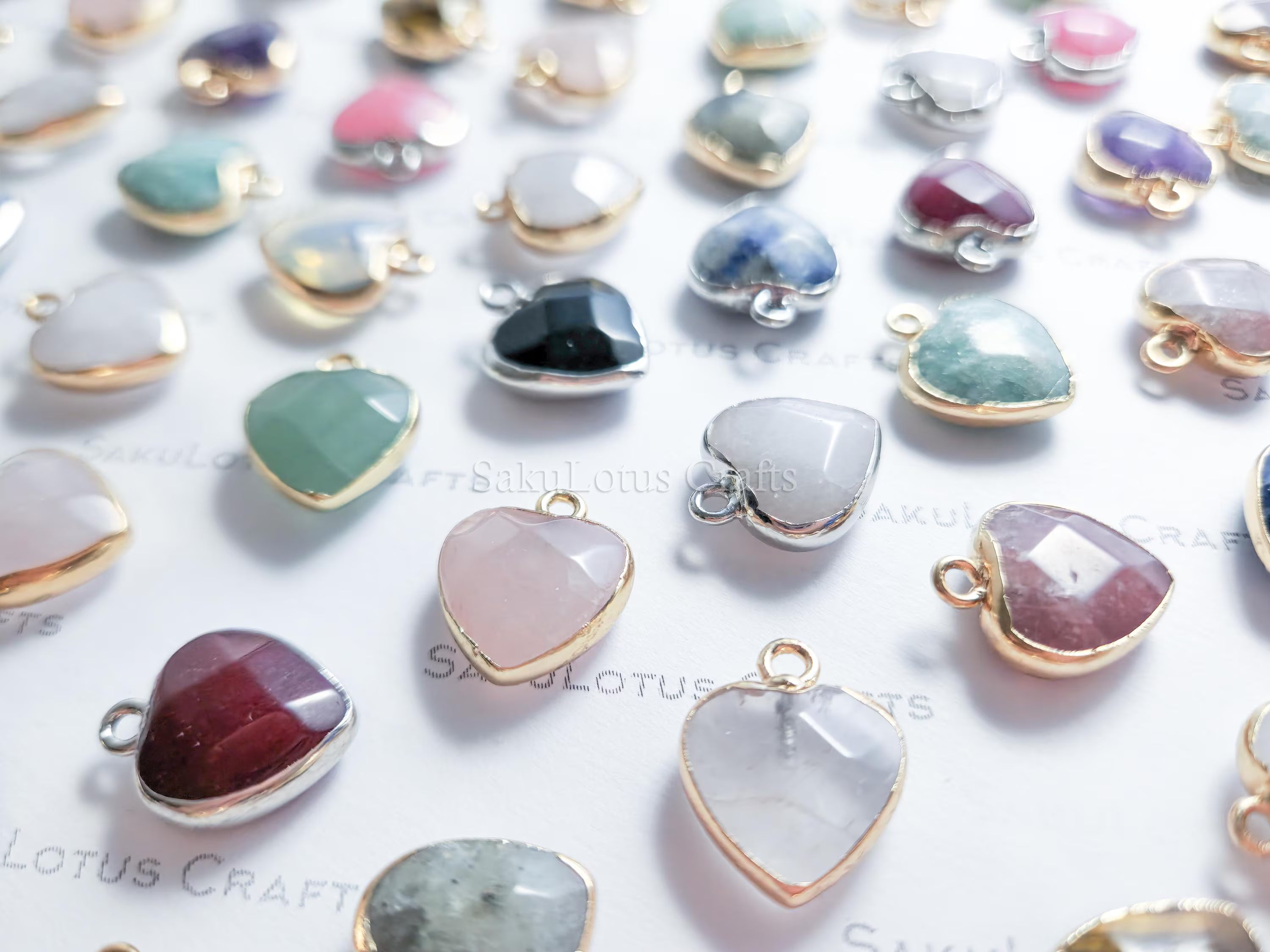 RESTOCK Small Natural Crystal Heart Pendant • Gold Silver Edge • Semi-Precious Gemstone Charm • Jewelry Making Supplies