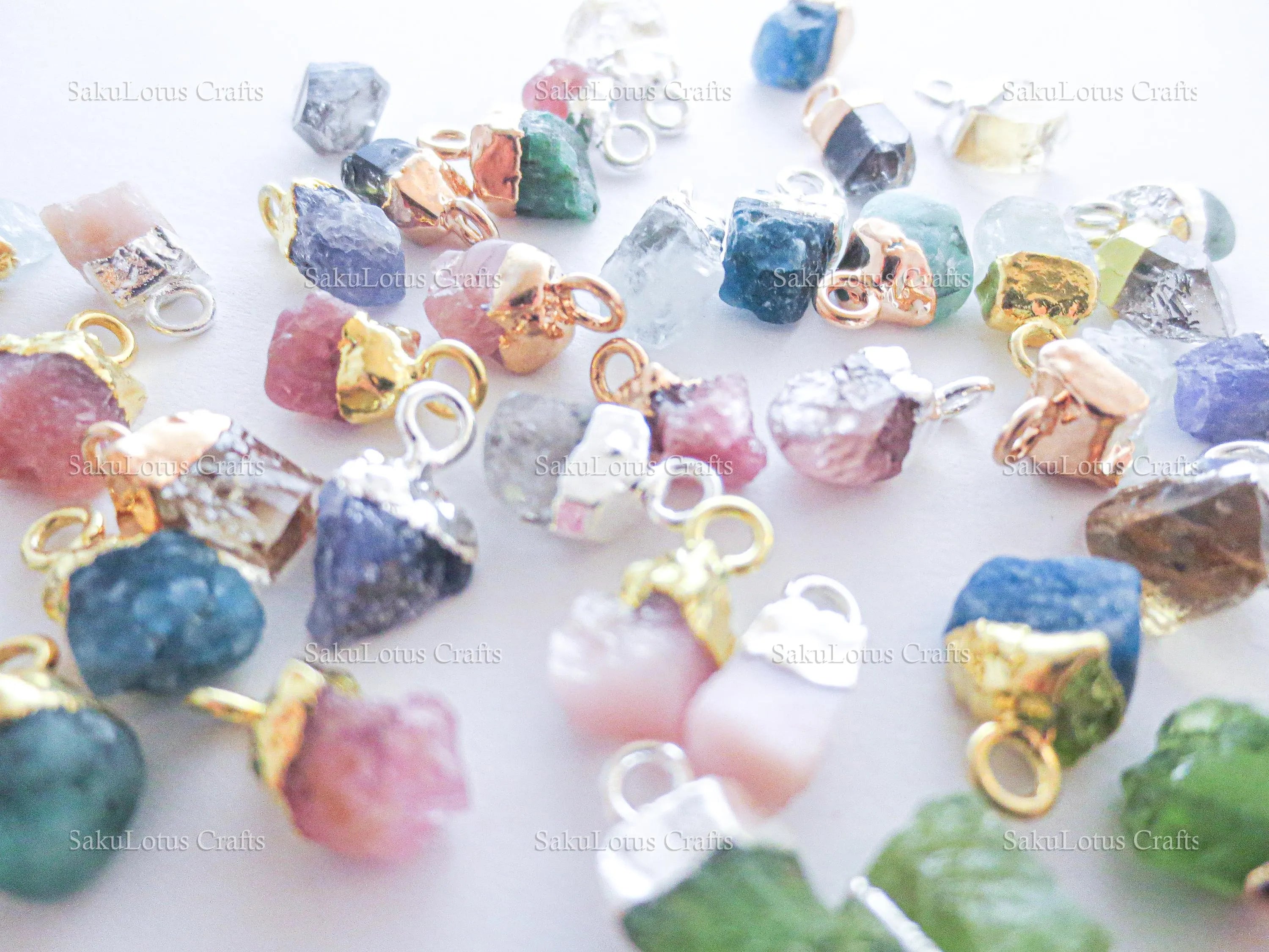 6-10mm Tiny Raw Natural Nugget Gemstone Pendant • 925 Sterling Silver & 18k Rose Gold Vermeil