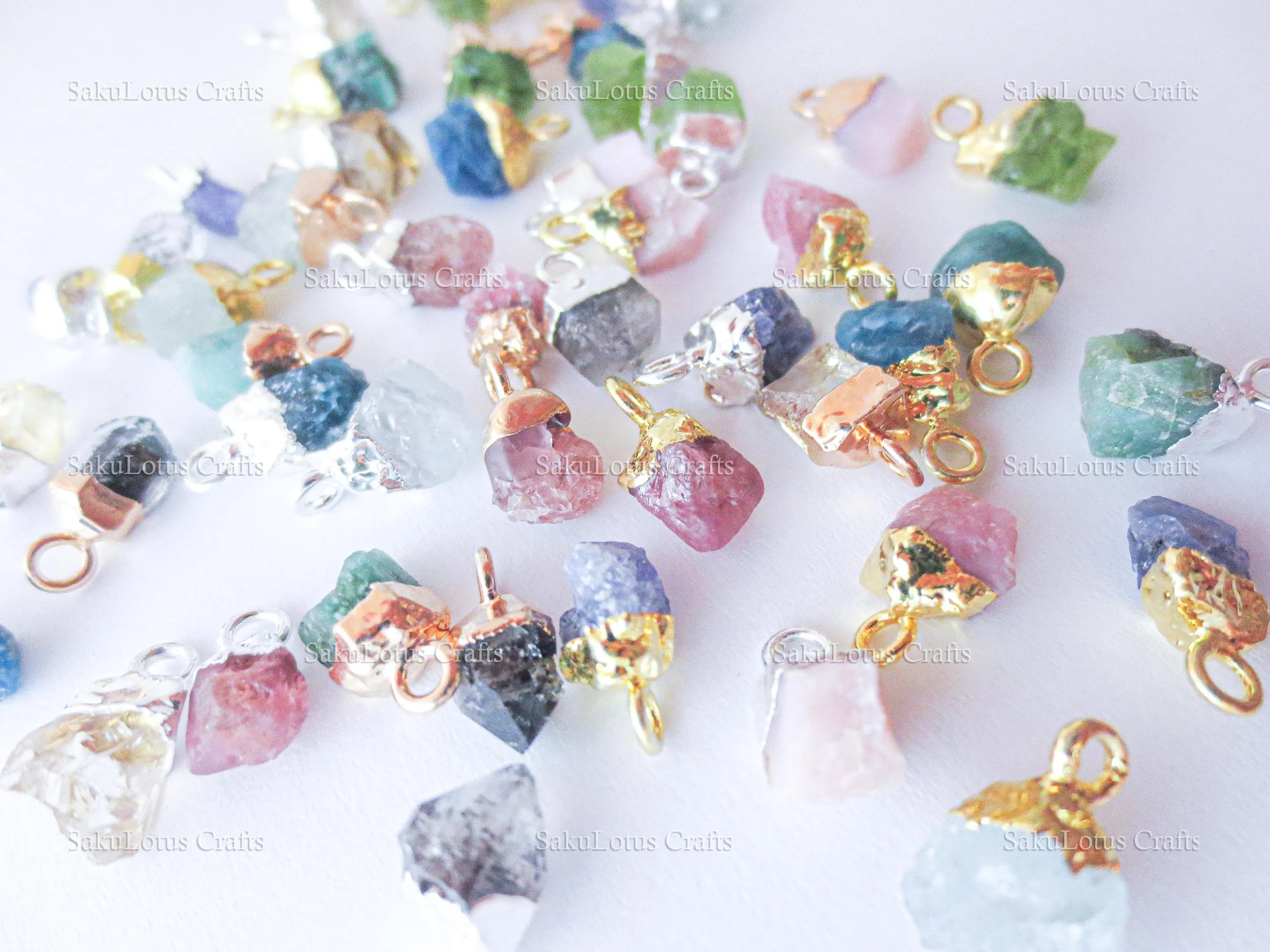 6-10mm Tiny Raw Natural Nugget Gemstone Pendant • 925 Sterling Silver & 18k Rose Gold Vermeil