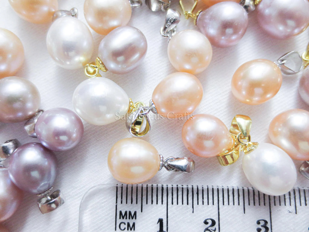9-10mm Freshwater Pearl Pendant • 925 Sterling Silver Flower Cap Bail • White Peach Purple • Gold Rose Vermeil