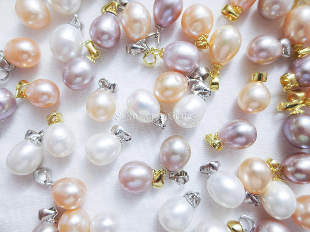 9-10mm Freshwater Pearl Pendant • 925 Sterling Silver Flower Cap Bail • White Peach Purple • Gold Rose Vermeil