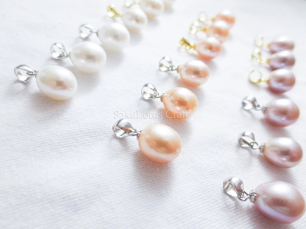 9-10mm Freshwater Pearl Pendant • 925 Sterling Silver Flower Cap Bail • White Peach Purple • Gold Rose Vermeil