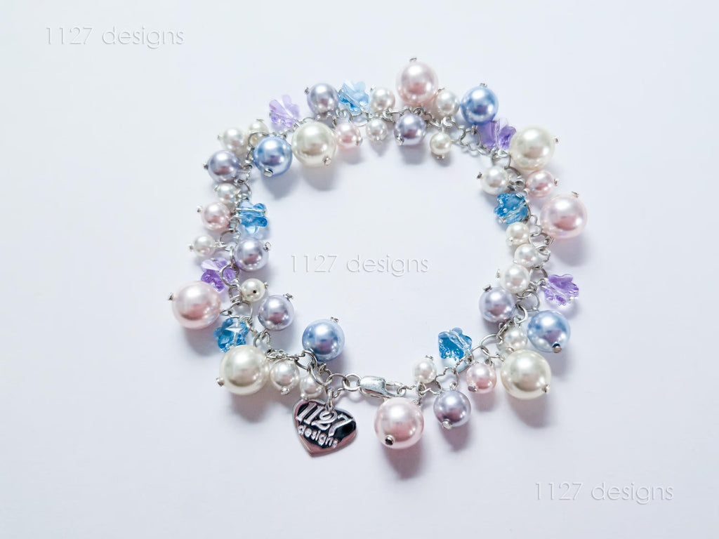 Sakura Blossom Pastels • Swarovski Pearl & Crystal Handmade Cluster Bracelet • 925 Sterling Silver Heart Chain • 1127 Designs