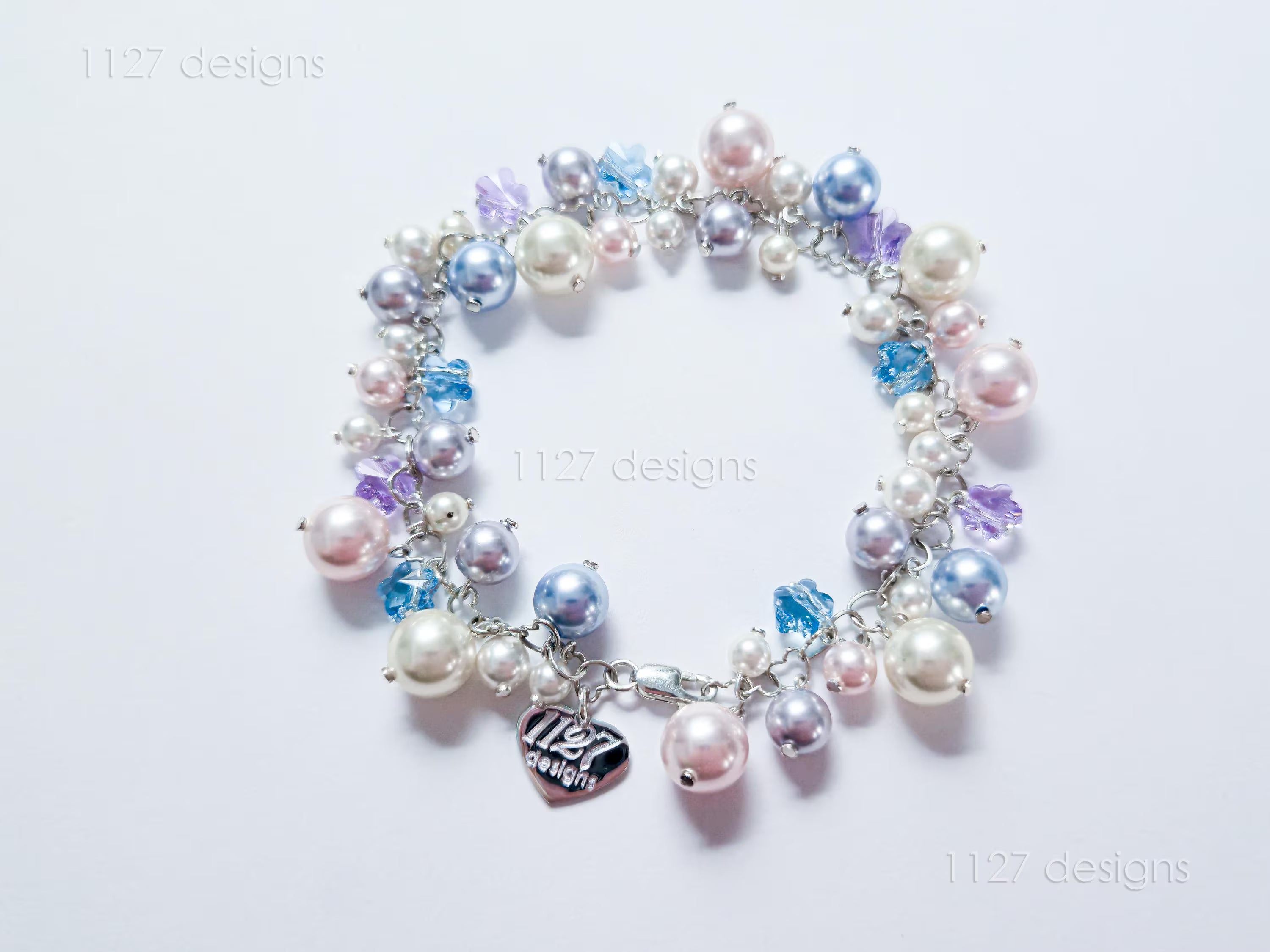 Sakura Blossom Pastels • Swarovski Pearl & Crystal Handmade Cluster Bracelet • 925 Sterling Silver Heart Chain • 1127 Designs
