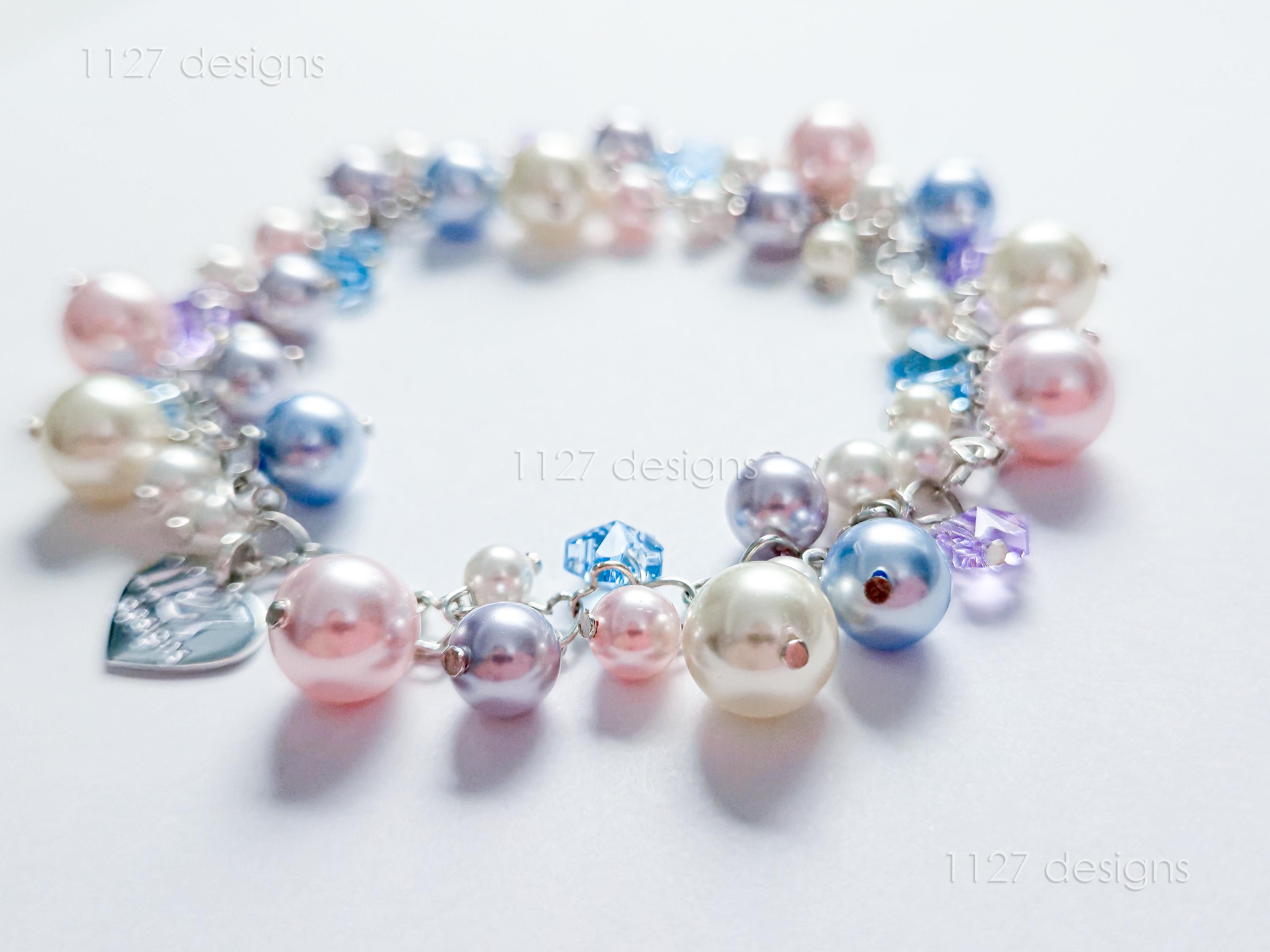Sakura Blossom Pastels • Swarovski Pearl & Crystal Handmade Cluster Bracelet • 925 Sterling Silver Heart Chain • 1127 Designs