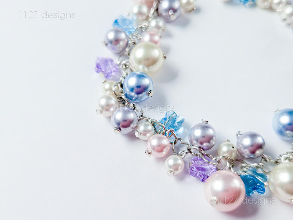 Sakura Blossom Pastels • Swarovski Pearl & Crystal Handmade Cluster Bracelet • 925 Sterling Silver Heart Chain • 1127 Designs