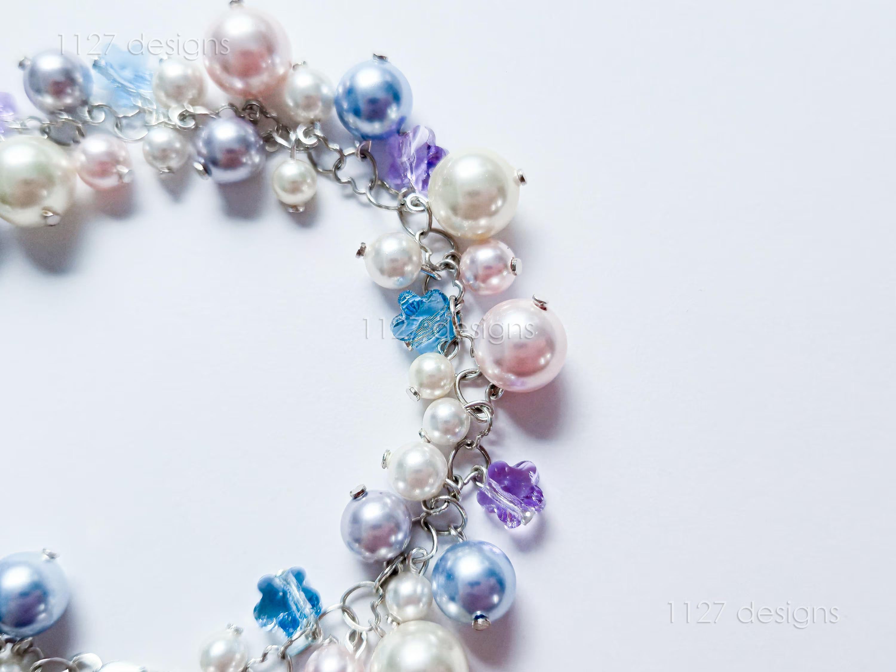 Sakura Blossom Pastels • Swarovski Pearl & Crystal Handmade Cluster Bracelet • 925 Sterling Silver Heart Chain • 1127 Designs