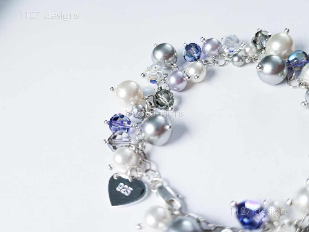 Swarovski Pearl & Crystal Handmade Cluster Bracelet • Purple Heart Charm • Sterling Silver Heart Chain • 1127 Designs