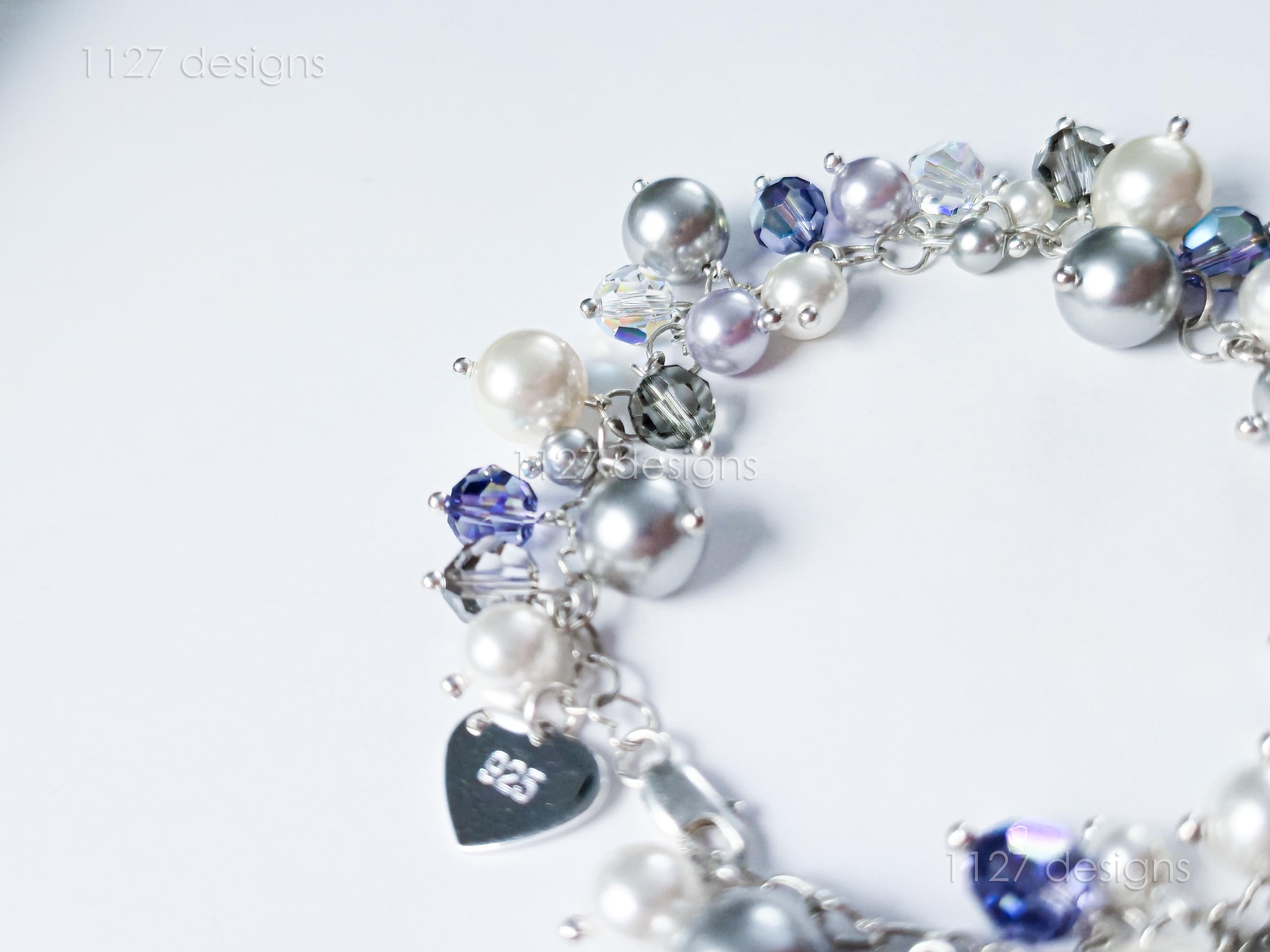 Swarovski Pearl & Crystal Handmade Cluster Bracelet • Purple Heart Charm • Sterling Silver Heart Chain • 1127 Designs