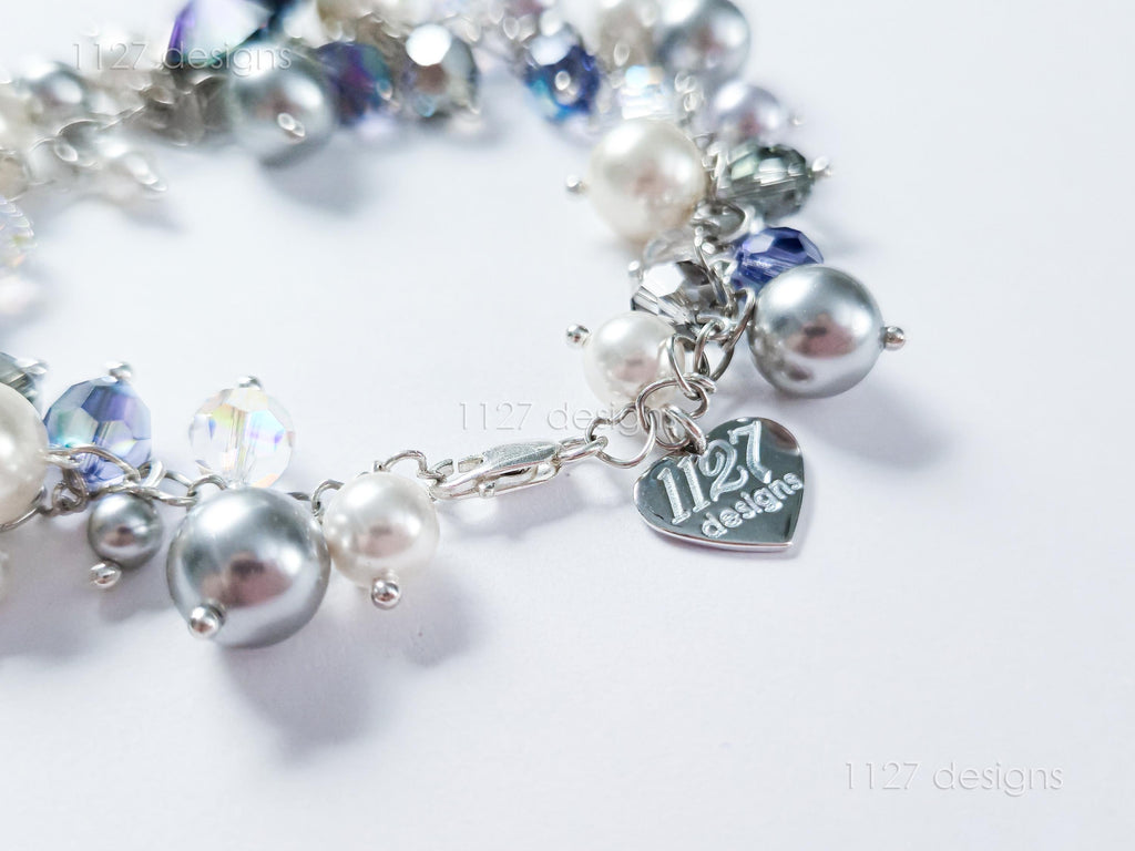 Swarovski Pearl & Crystal Handmade Cluster Bracelet • Purple Heart Charm • Sterling Silver Heart Chain • 1127 Designs
