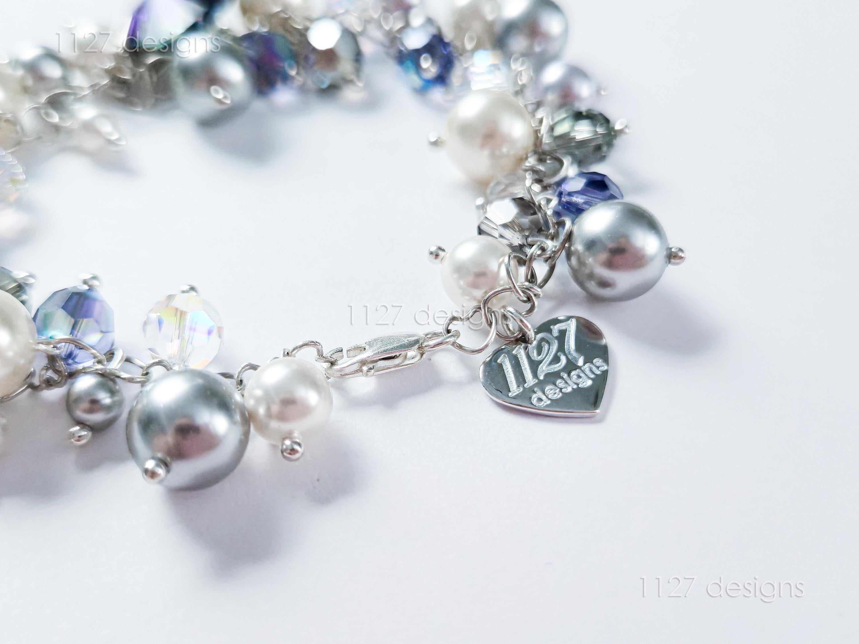 Swarovski Pearl & Crystal Handmade Cluster Bracelet • Purple Heart Charm • Sterling Silver Heart Chain • 1127 Designs