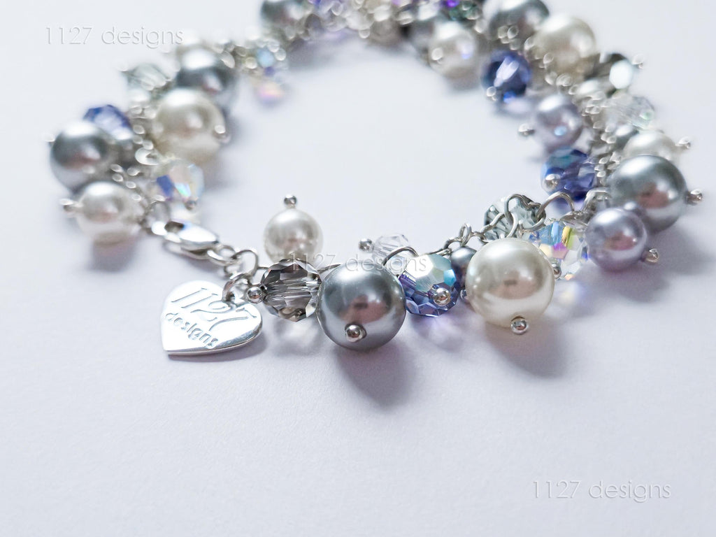 Swarovski Pearl & Crystal Handmade Cluster Bracelet • Purple Heart Charm • Sterling Silver Heart Chain • 1127 Designs