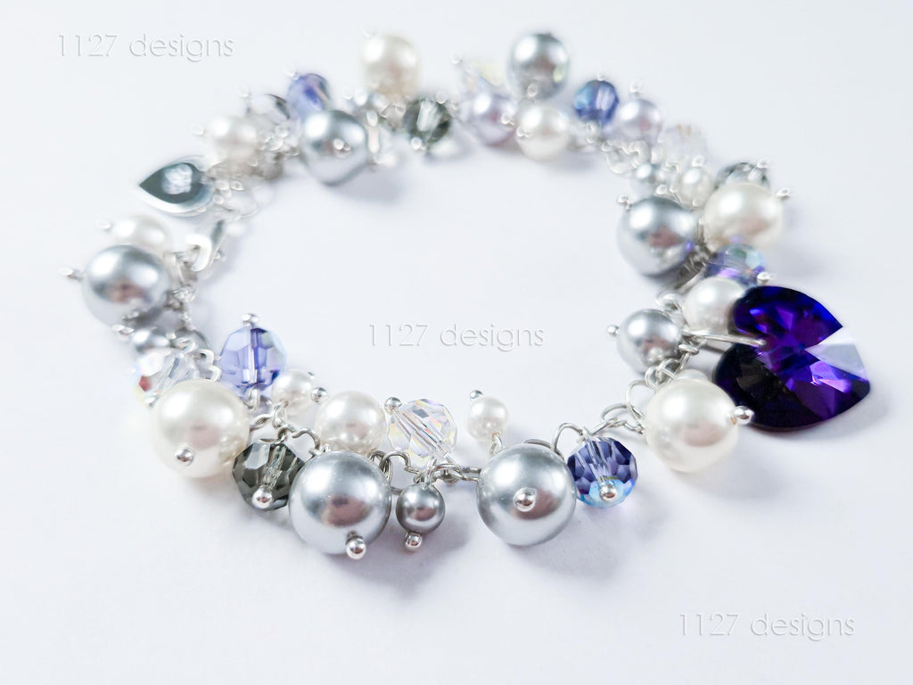Swarovski Pearl & Crystal Handmade Cluster Bracelet • Purple Heart Charm • Sterling Silver Heart Chain • 1127 Designs