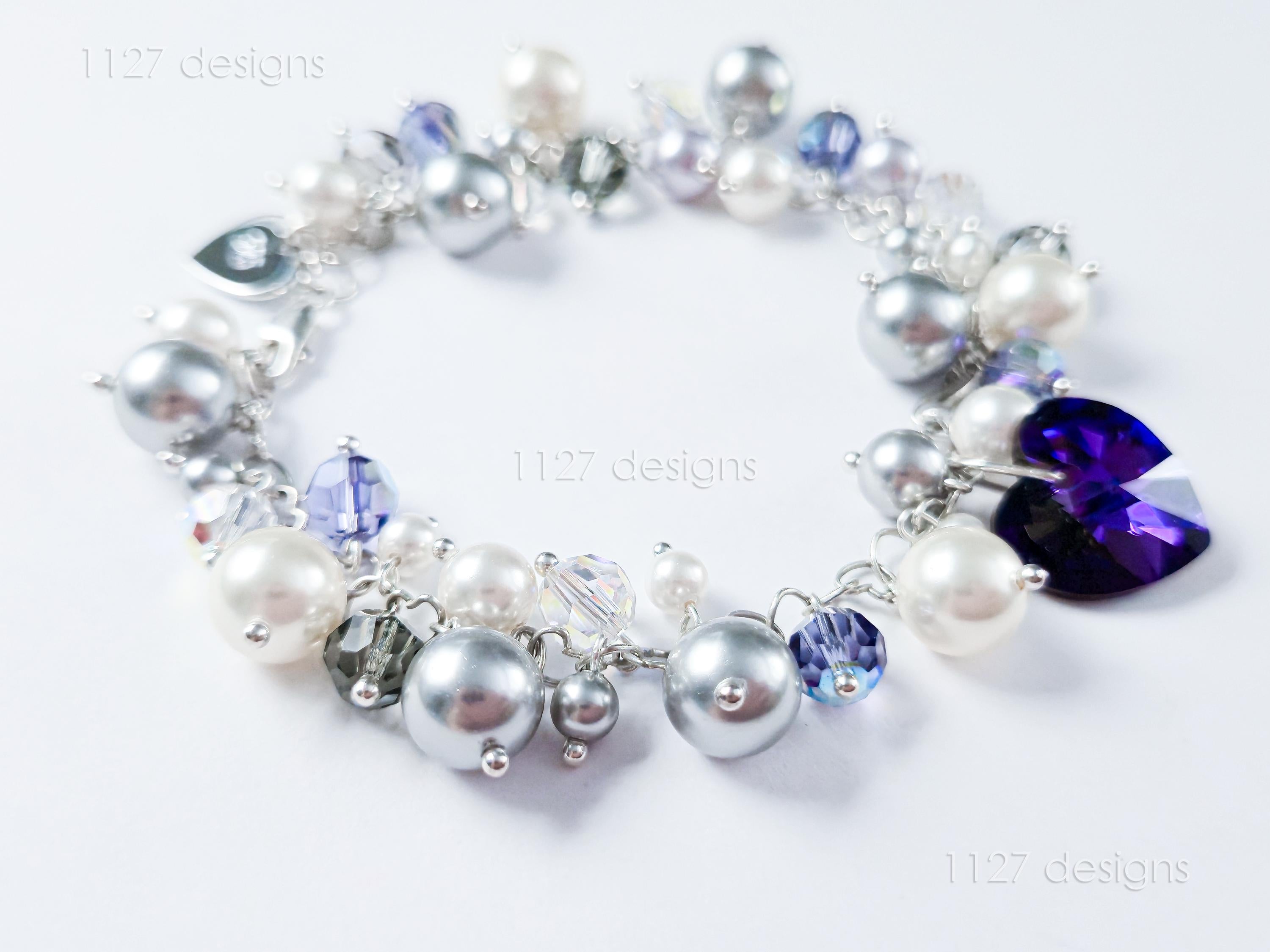 Swarovski Pearl & Crystal Handmade Cluster Bracelet • Purple Heart Charm • Sterling Silver Heart Chain • 1127 Designs