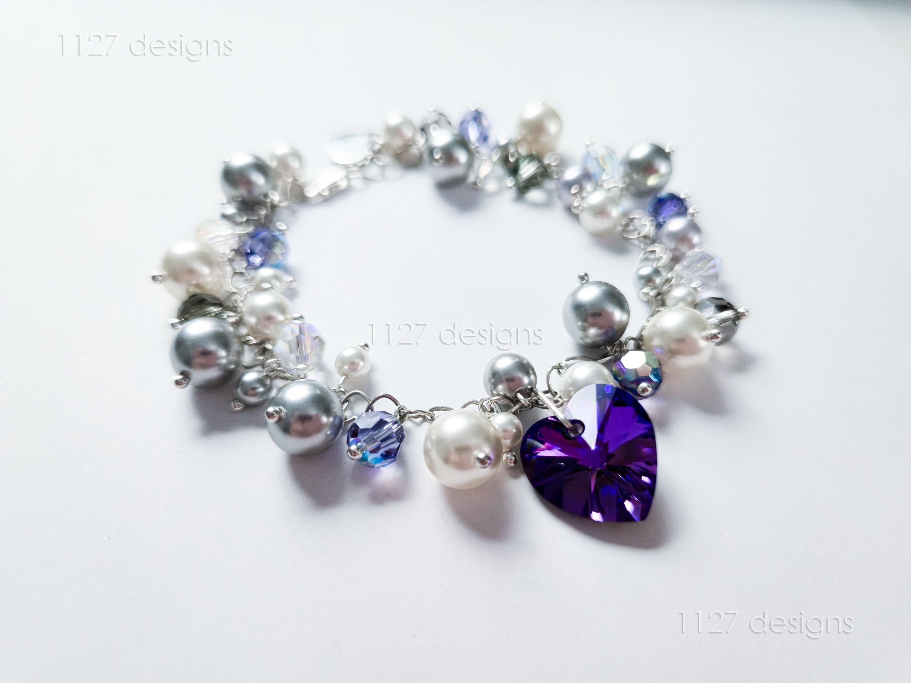 Swarovski Pearl & Crystal Handmade Cluster Bracelet • Purple Heart Charm • Sterling Silver Heart Chain • 1127 Designs
