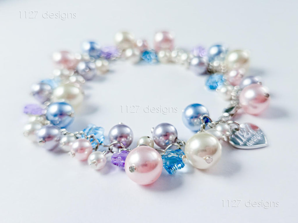 Sakura Blossom Pastels • Swarovski Pearl & Crystal Handmade Cluster Bracelet • 925 Sterling Silver Heart Chain • 1127 Designs