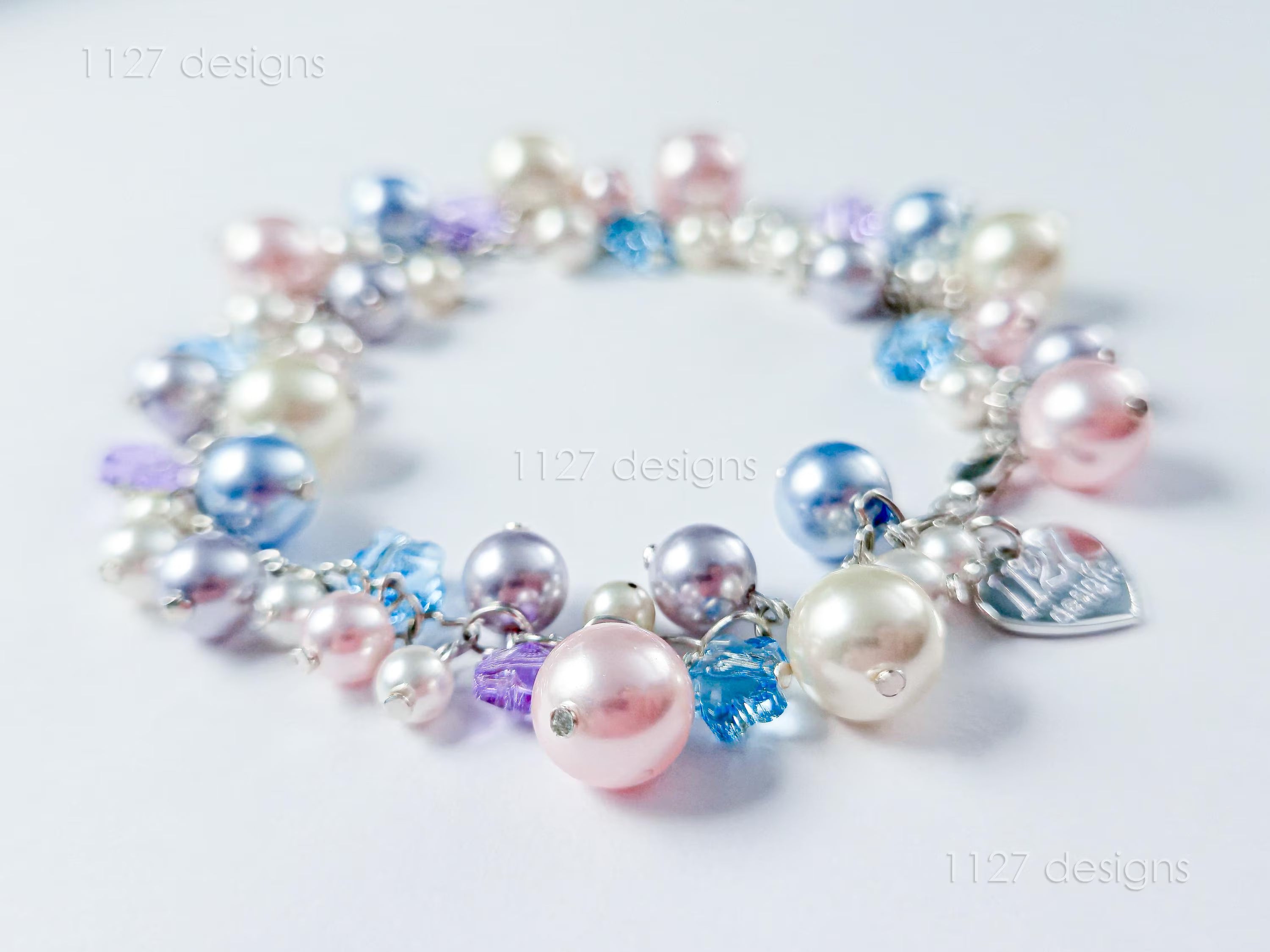 Sakura Blossom Pastels • Swarovski Pearl & Crystal Handmade Cluster Bracelet • 925 Sterling Silver Heart Chain • 1127 Designs