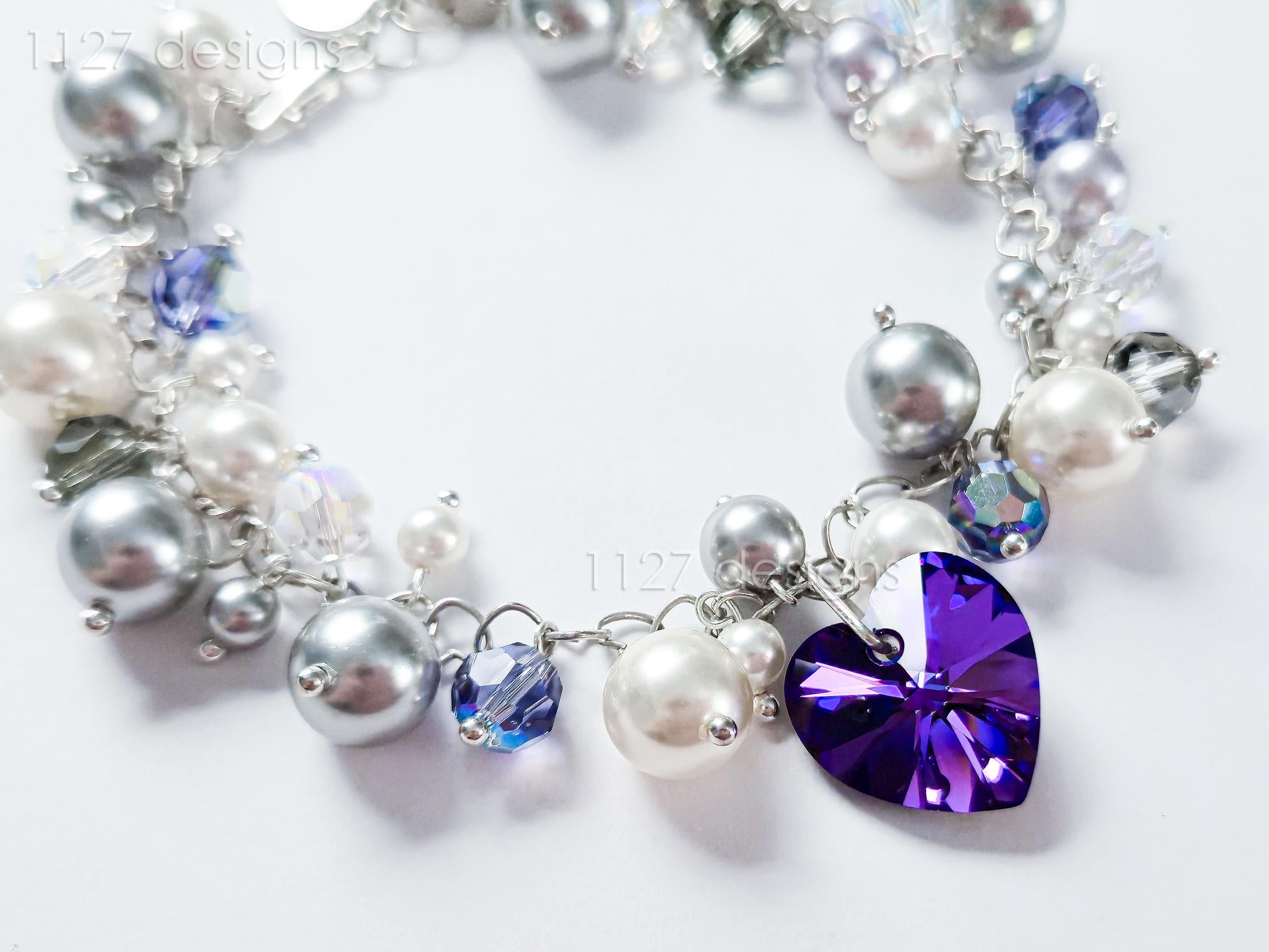 Swarovski Pearl & Crystal Handmade Cluster Bracelet • Purple Heart Charm • Sterling Silver Heart Chain • 1127 Designs