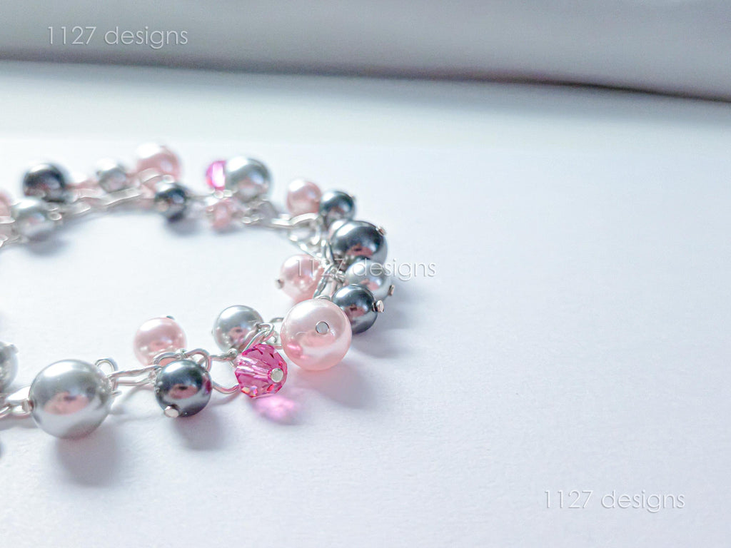 Swarovski Pearl & Crystal Handmade Cluster Bracelet • Pink Silver Charcoal • 925 Sterling Silver Heart Chain • 1127 Designs