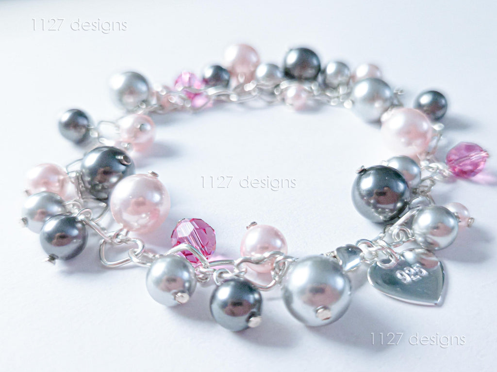 Swarovski Pearl & Crystal Handmade Cluster Bracelet • Pink Silver Charcoal • 925 Sterling Silver Heart Chain • 1127 Designs