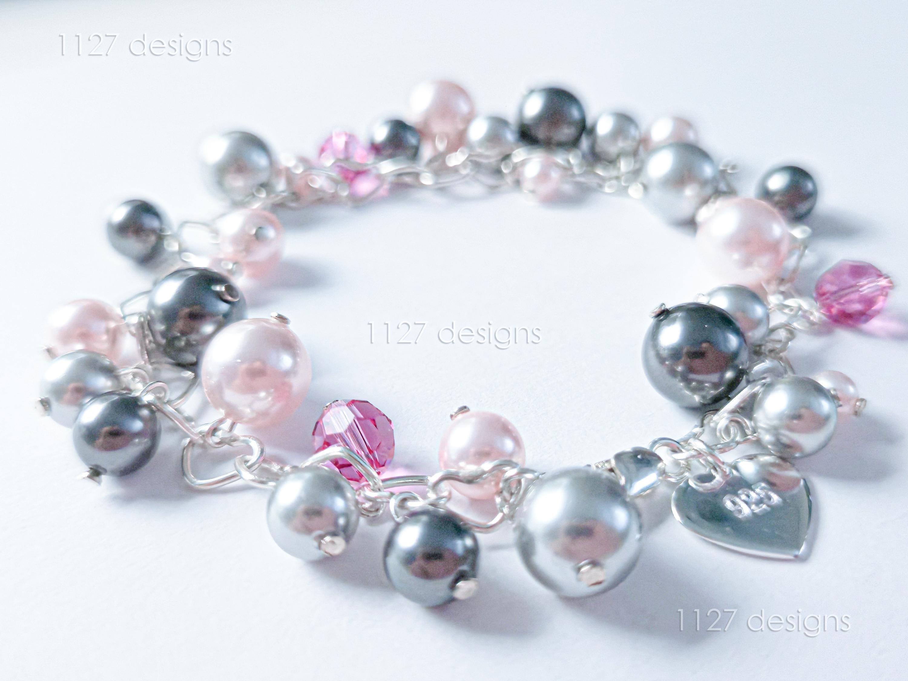 Swarovski Pearl & Crystal Handmade Cluster Bracelet • Pink Silver Charcoal • 925 Sterling Silver Heart Chain • 1127 Designs