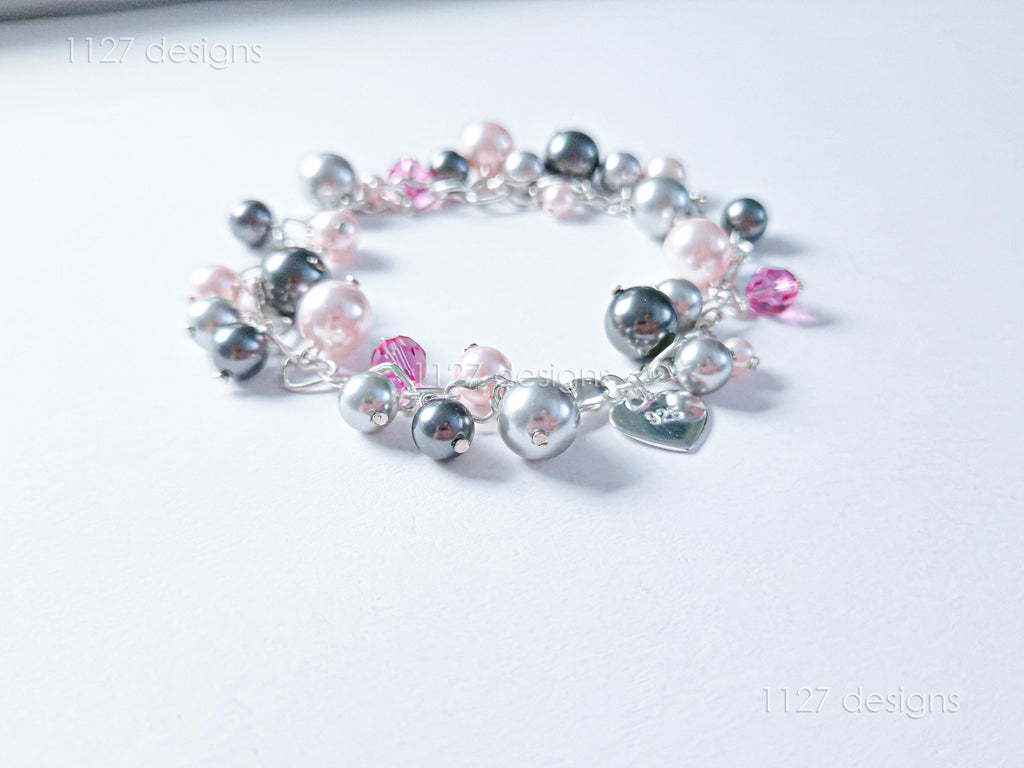 Swarovski Pearl & Crystal Handmade Cluster Bracelet • Pink Silver Charcoal • 925 Sterling Silver Heart Chain • 1127 Designs