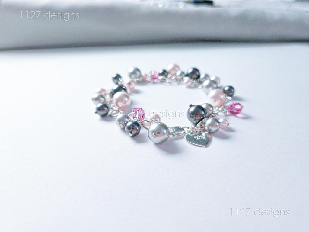 Swarovski Pearl & Crystal Handmade Cluster Bracelet • Pink Silver Charcoal • 925 Sterling Silver Heart Chain • 1127 Designs
