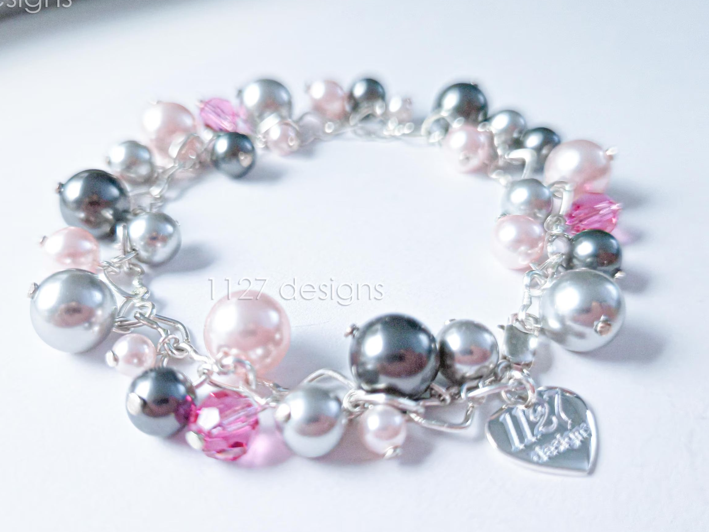 Swarovski Pearl & Crystal Handmade Cluster Bracelet • Pink Silver Charcoal • 925 Sterling Silver Heart Chain • 1127 Designs