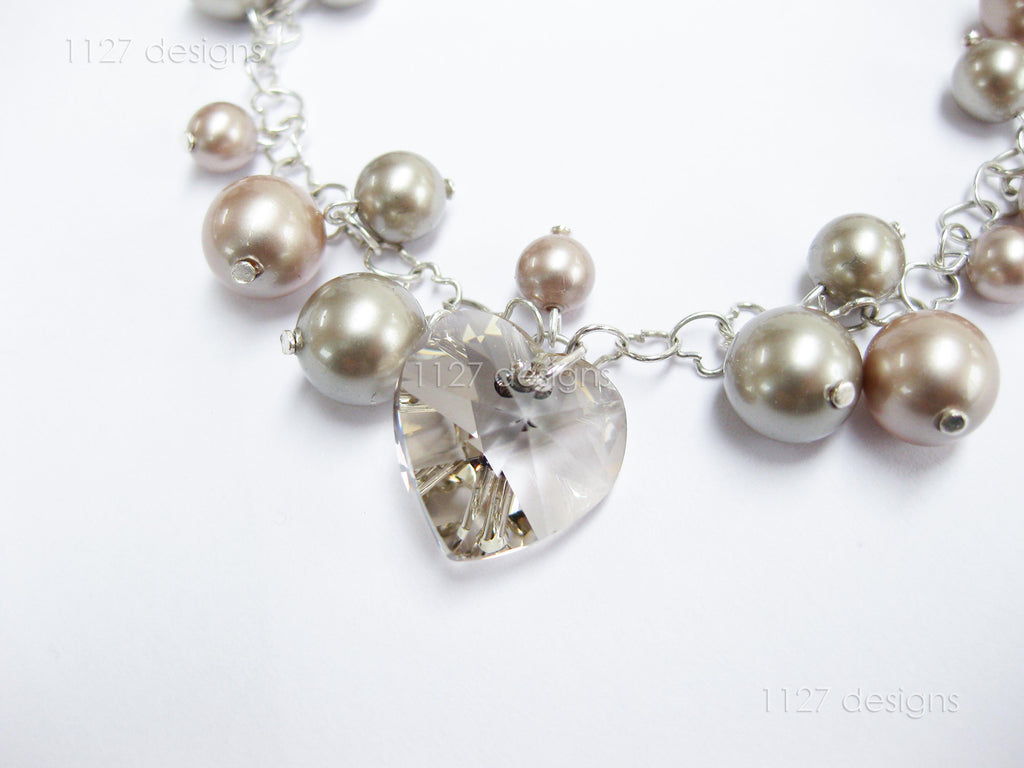 Swarovski Pearl & Heart Crystal Cluster Bracelet • Soft Taupe Greige • 925 Sterling Silver Heart Chain • 1127 Designs