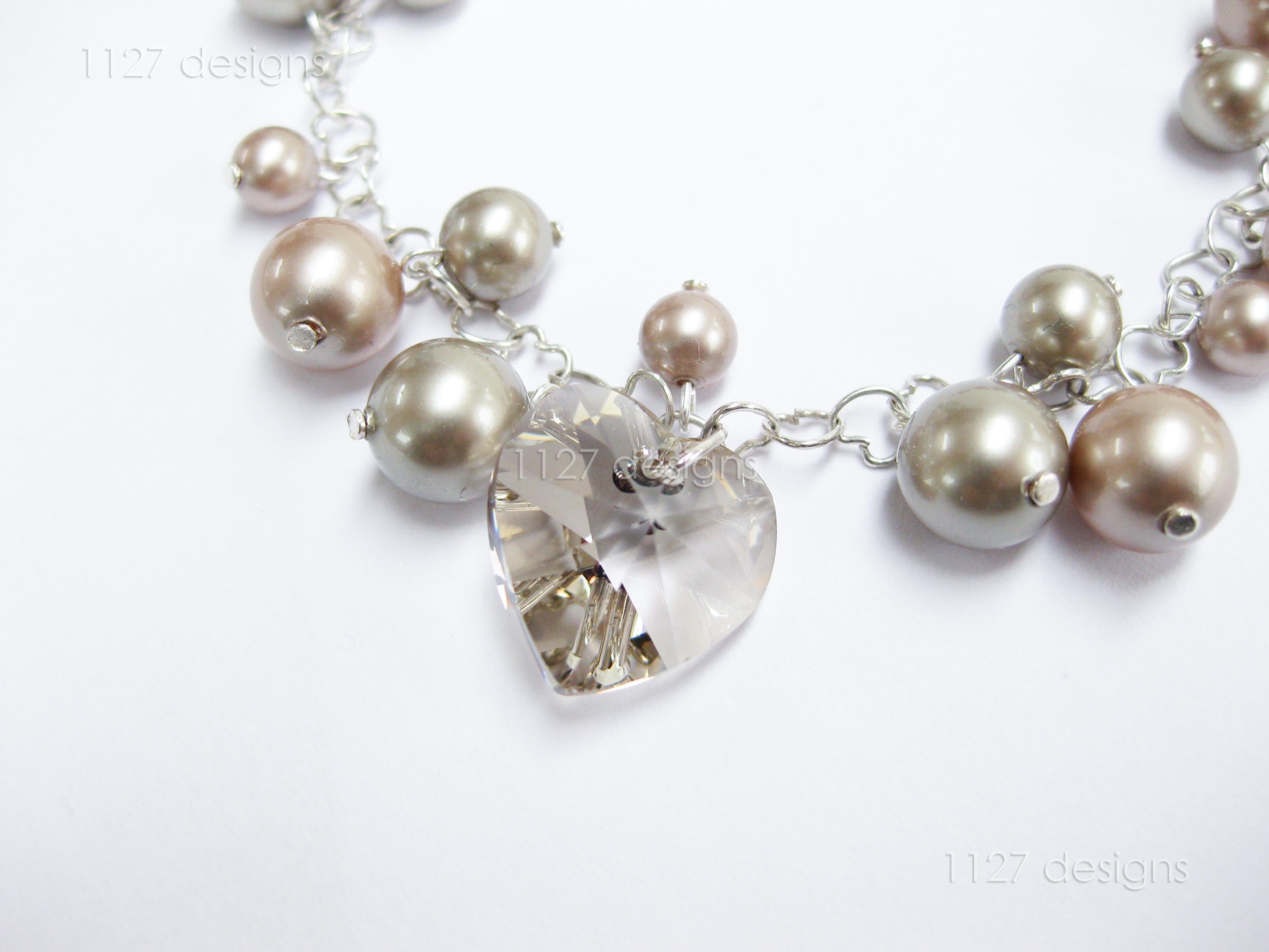 Swarovski Pearl & Heart Crystal Cluster Bracelet • Soft Taupe Greige • 925 Sterling Silver Heart Chain • 1127 Designs