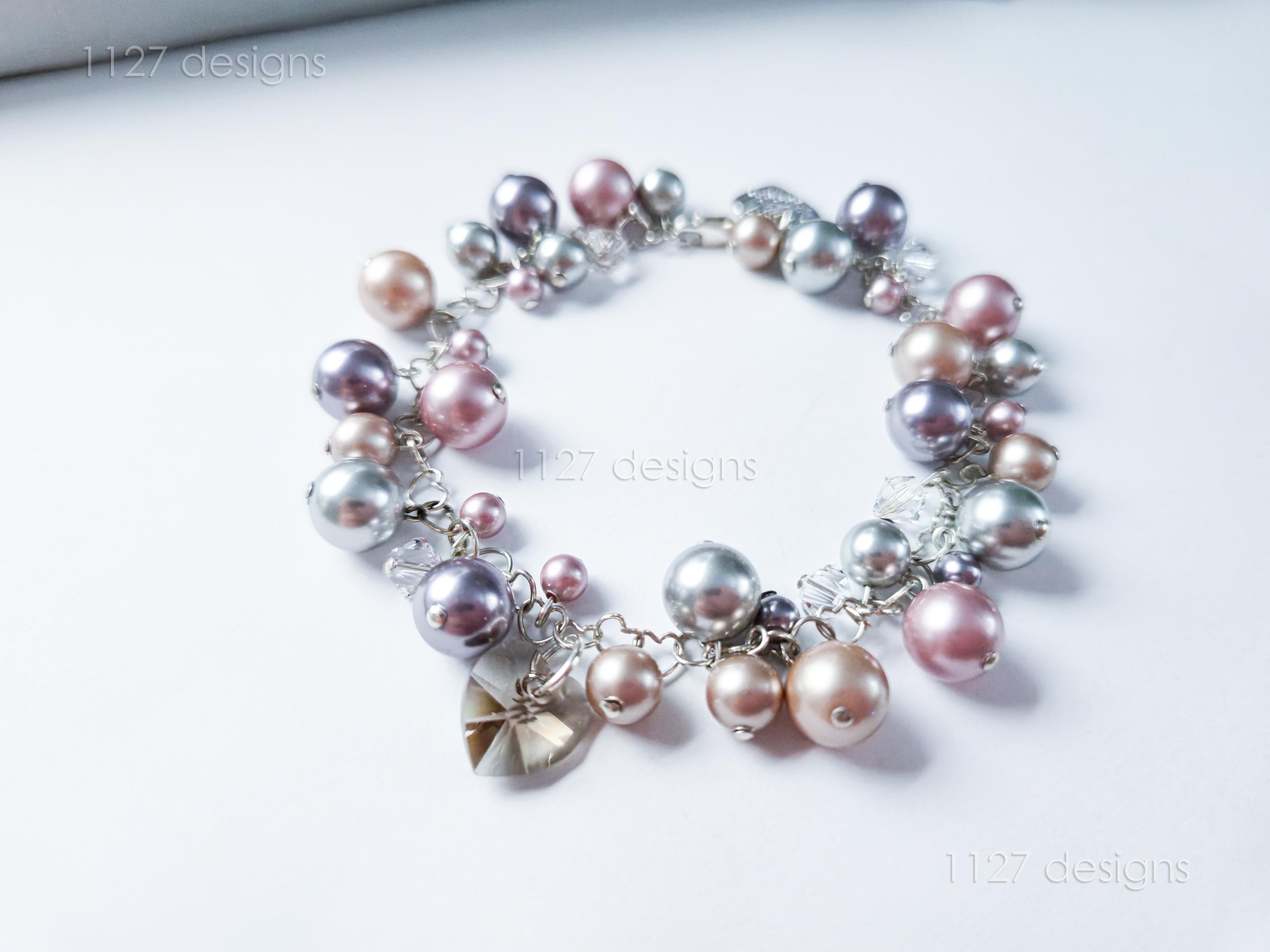 Swarovski Pearl & Heart Crystal Handmade Cluster Bracelet • Pink Taupe Mauve • 925 Sterling Silver Heart Chain • 1127 Designs