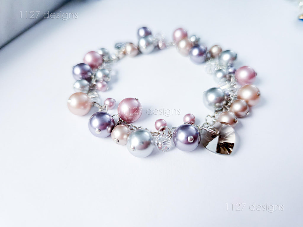 Swarovski Pearl & Heart Crystal Handmade Cluster Bracelet • Pink Taupe Mauve • 925 Sterling Silver Heart Chain • 1127 Designs