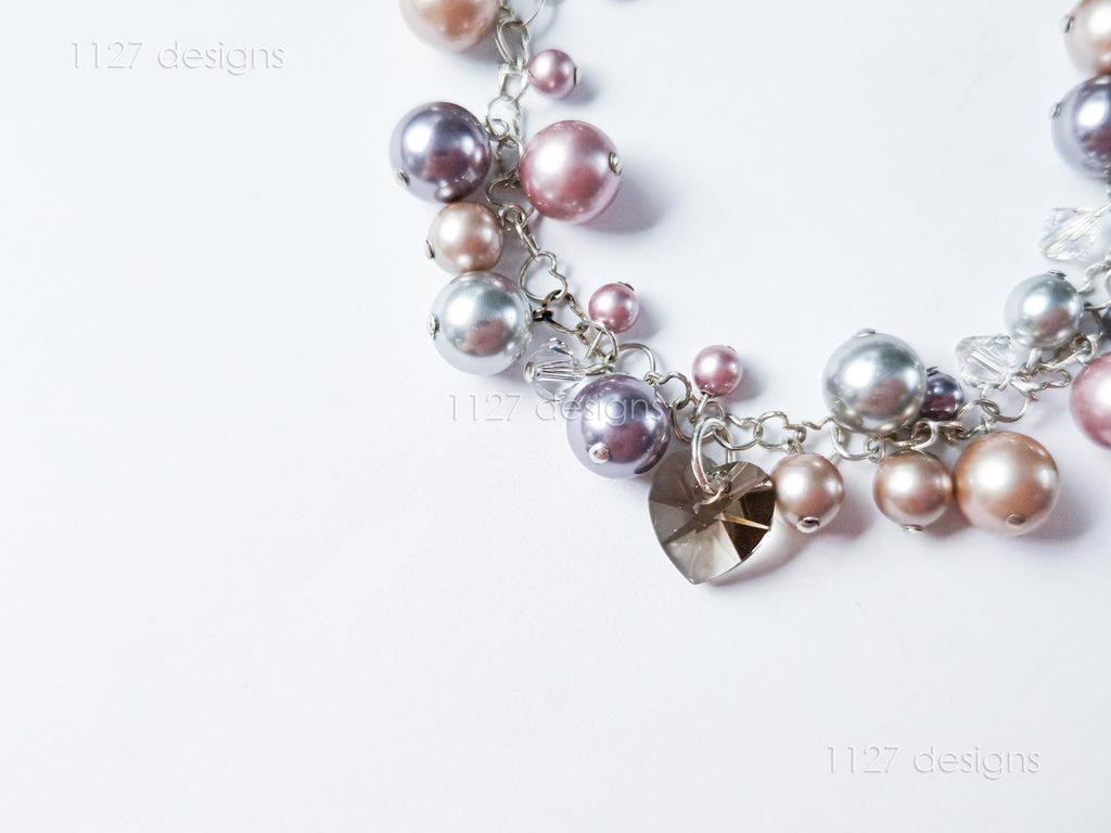Swarovski Pearl & Heart Crystal Handmade Cluster Bracelet • Pink Taupe Mauve • 925 Sterling Silver Heart Chain • 1127 Designs
