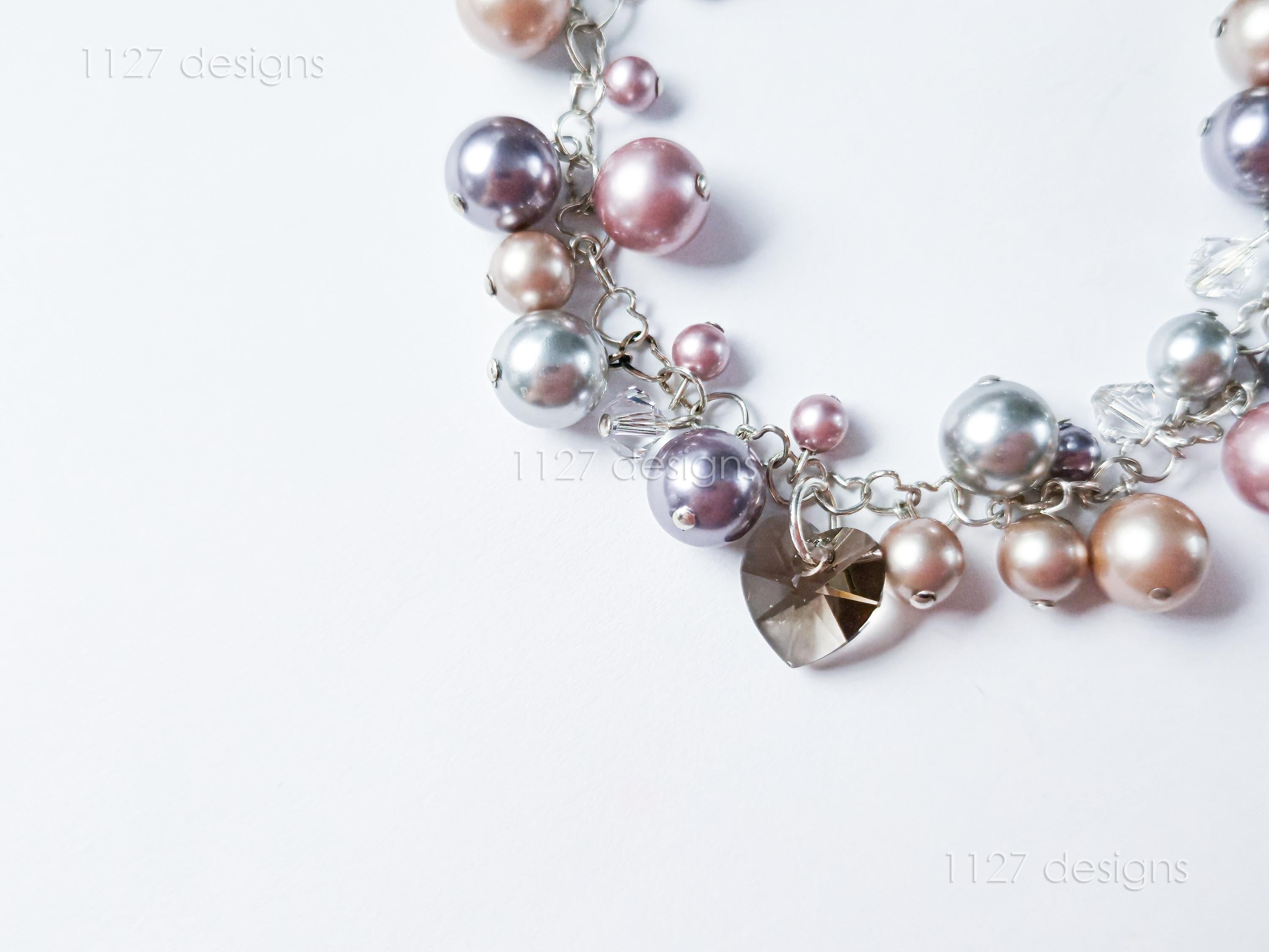 Swarovski Pearl & Heart Crystal Handmade Cluster Bracelet • Pink Taupe Mauve • 925 Sterling Silver Heart Chain • 1127 Designs