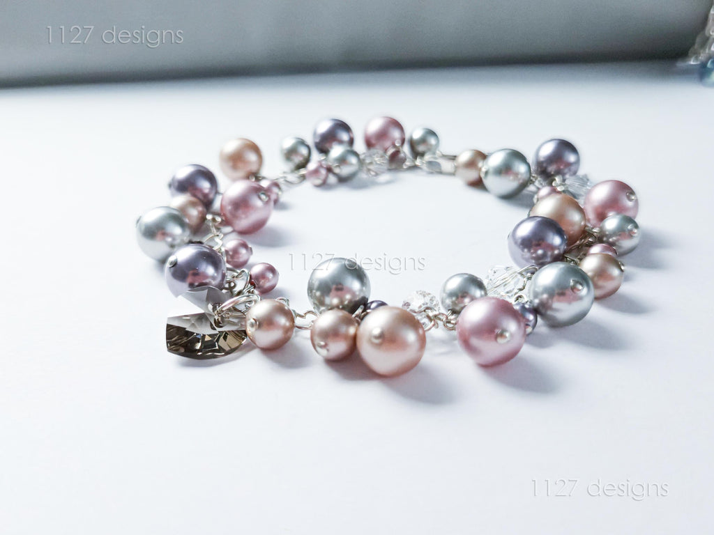 Swarovski Pearl & Heart Crystal Handmade Cluster Bracelet • Pink Taupe Mauve • 925 Sterling Silver Heart Chain • 1127 Designs