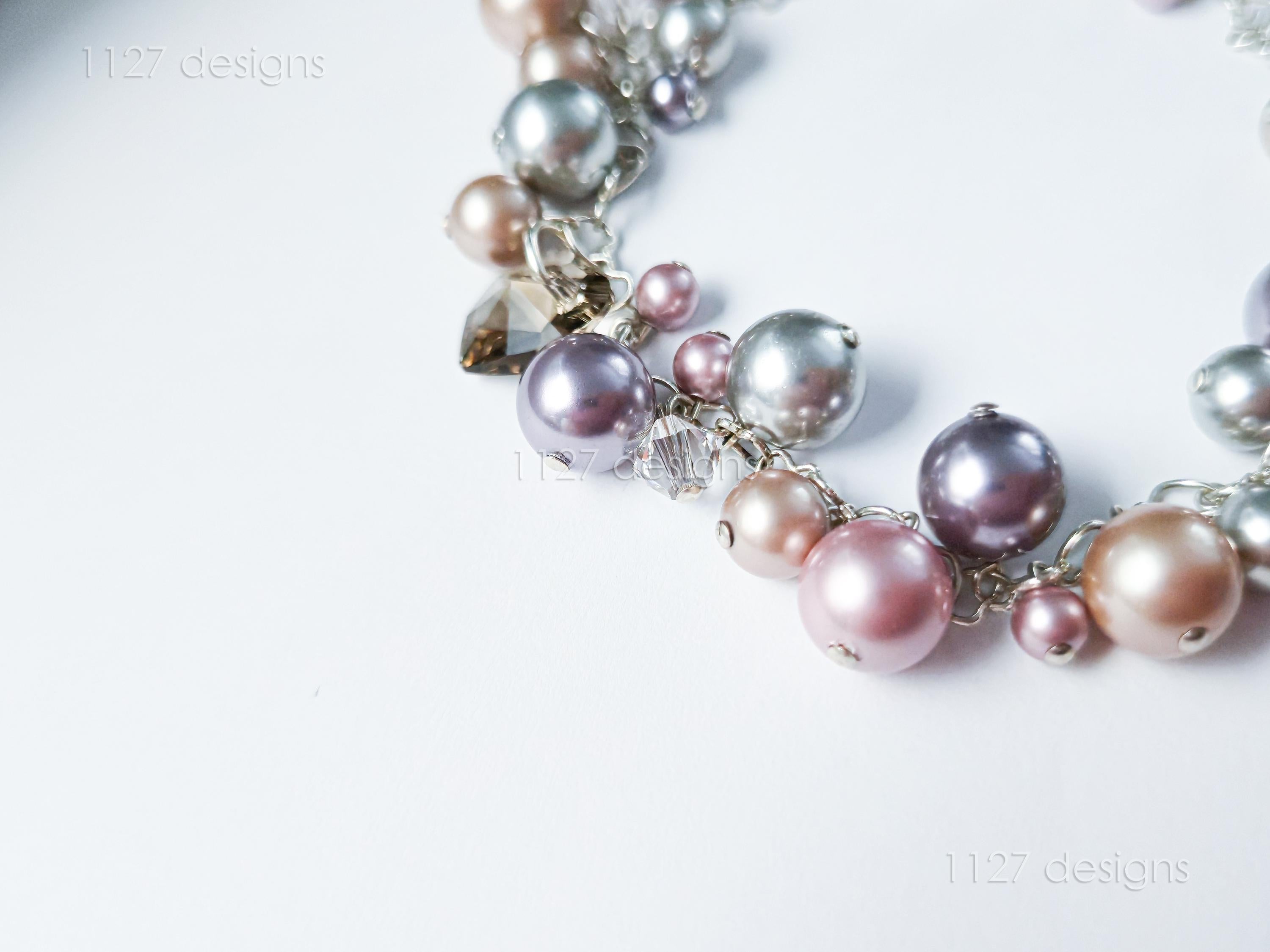 Swarovski Pearl & Heart Crystal Handmade Cluster Bracelet • Pink Taupe Mauve • 925 Sterling Silver Heart Chain • 1127 Designs